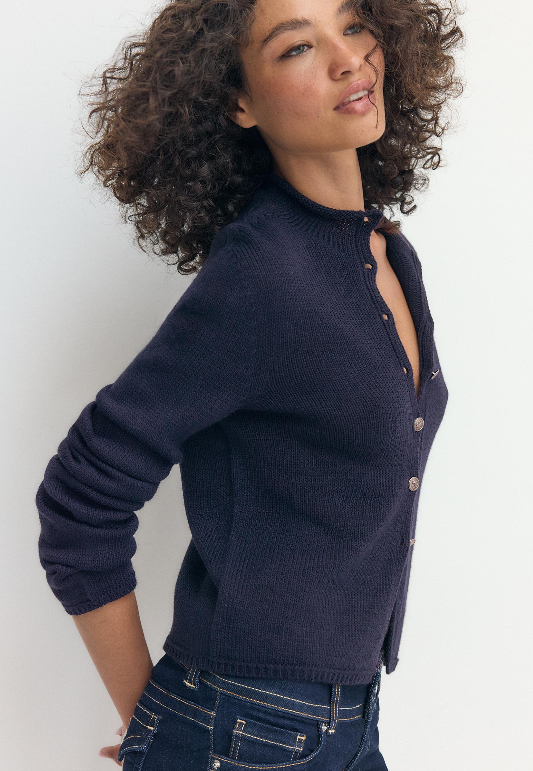 Stand collar knit cardigan — Dark blue