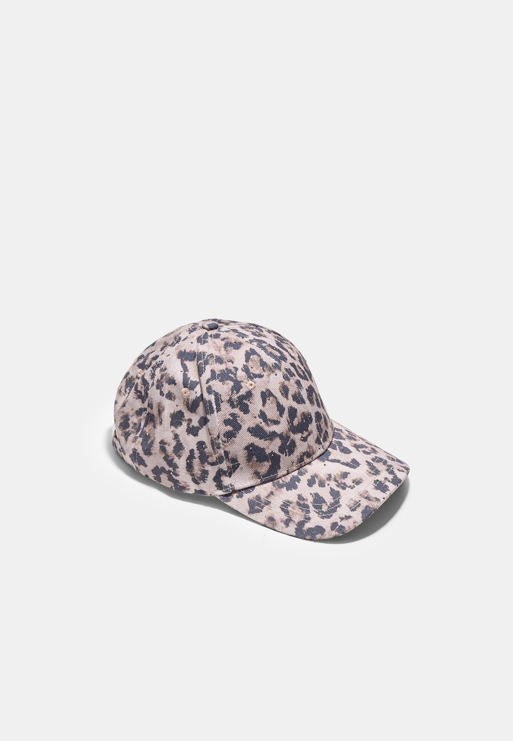 Leopard print cap with rhinestones — Beige