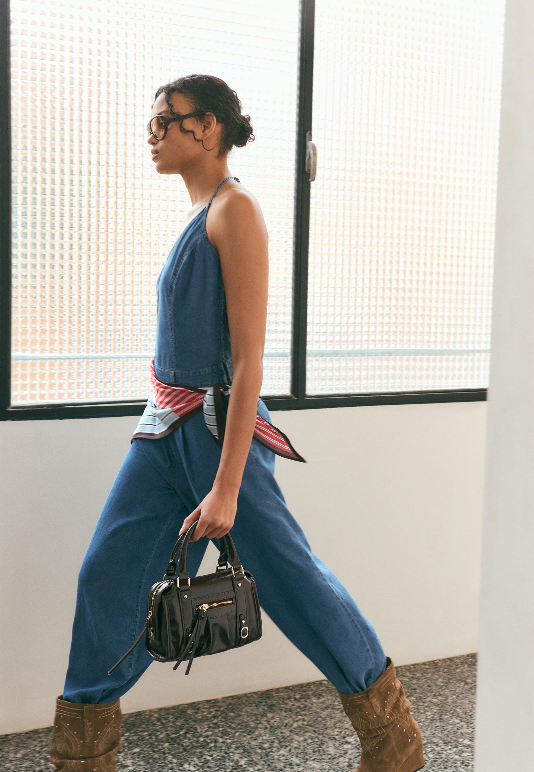 Halter denim jumpsuit with scarf — MEDIUM LIGHT BLUE DENIM
