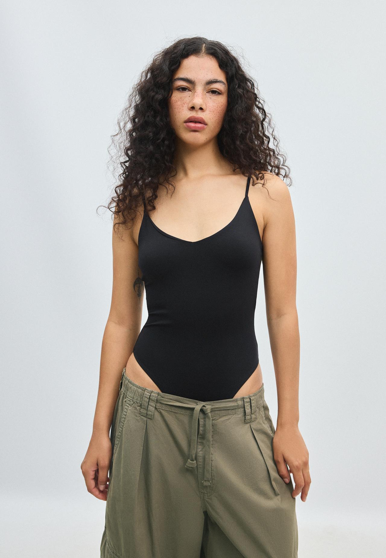 V-neck bodysuit with straps — Black