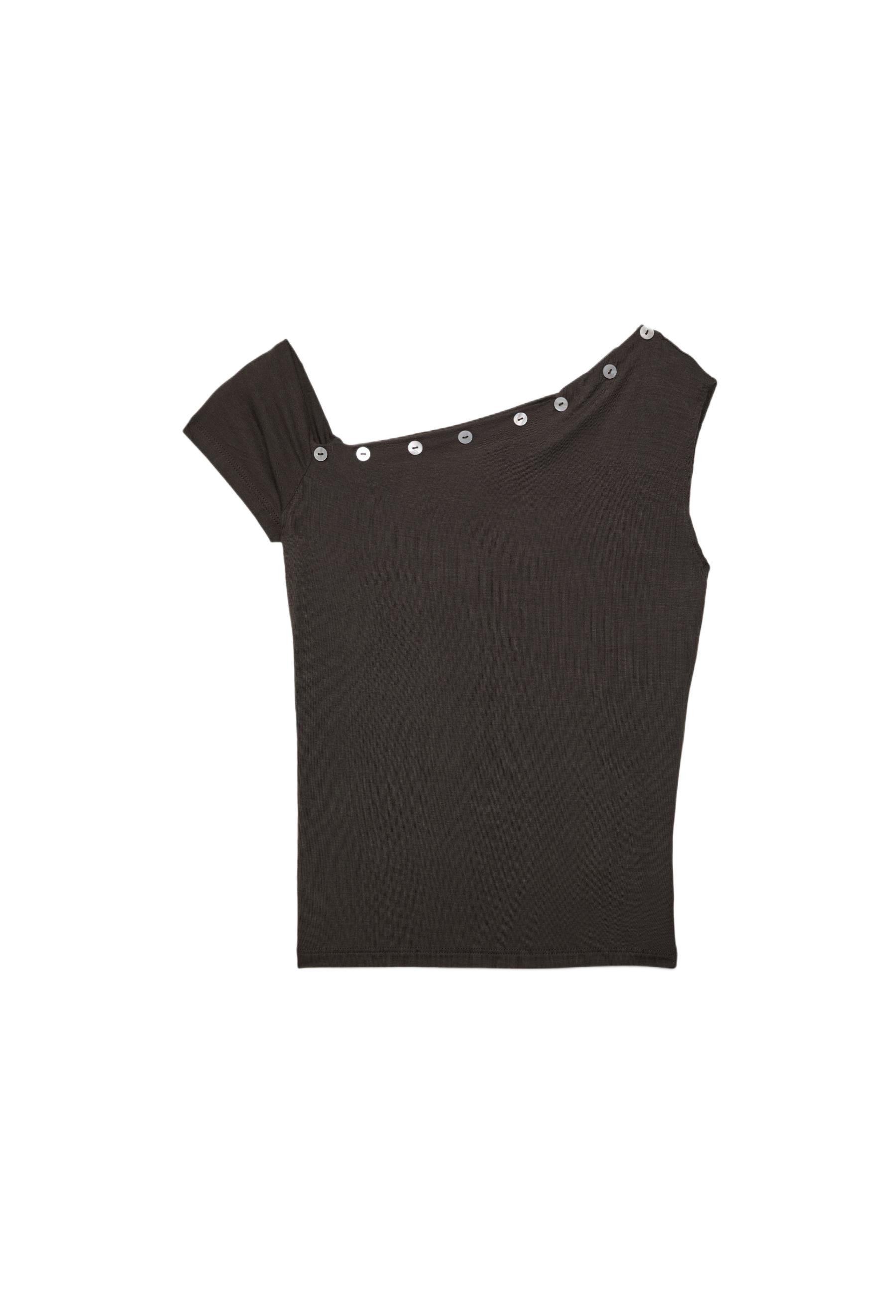 Asymmetric button T-shirt — Brown