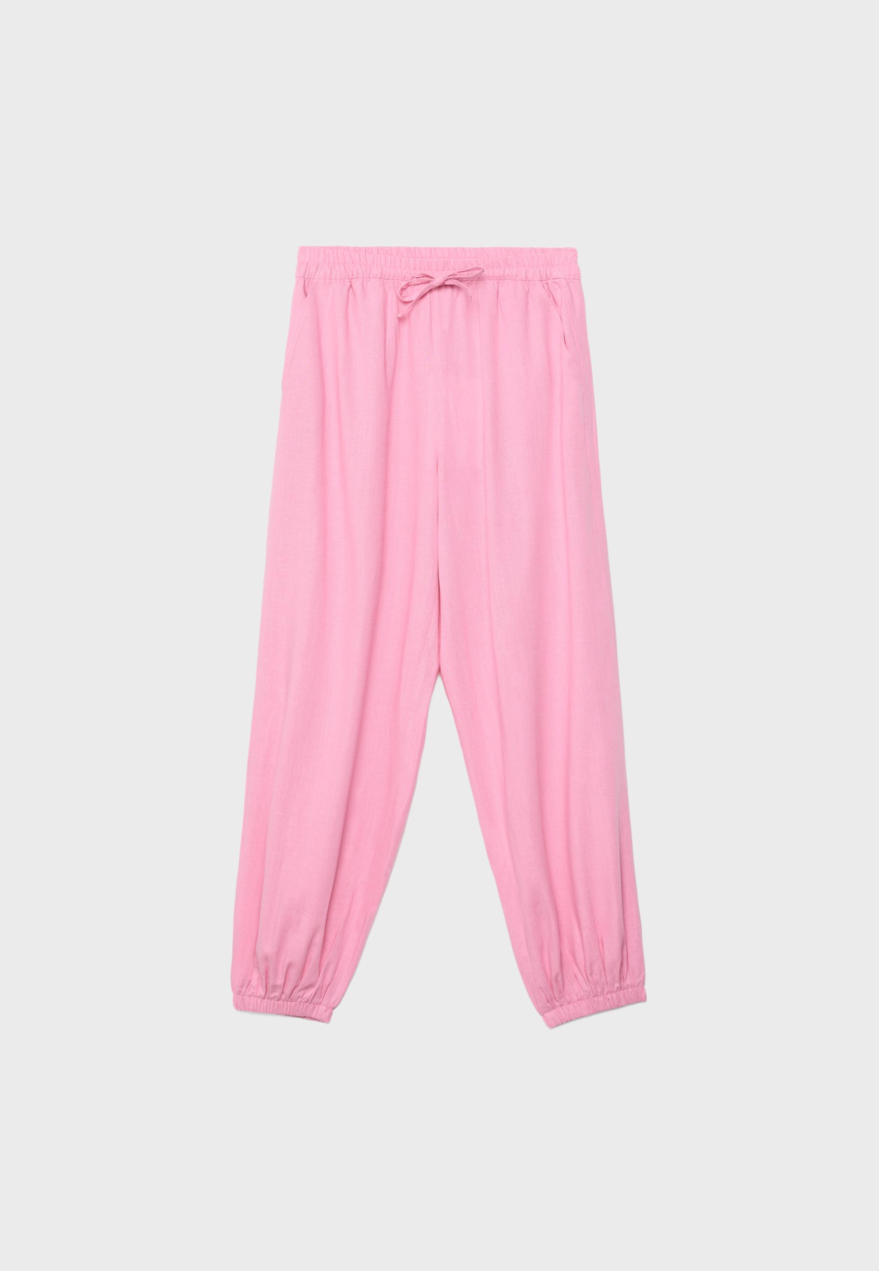 Linen-look sarouel trousers — Pastel pink