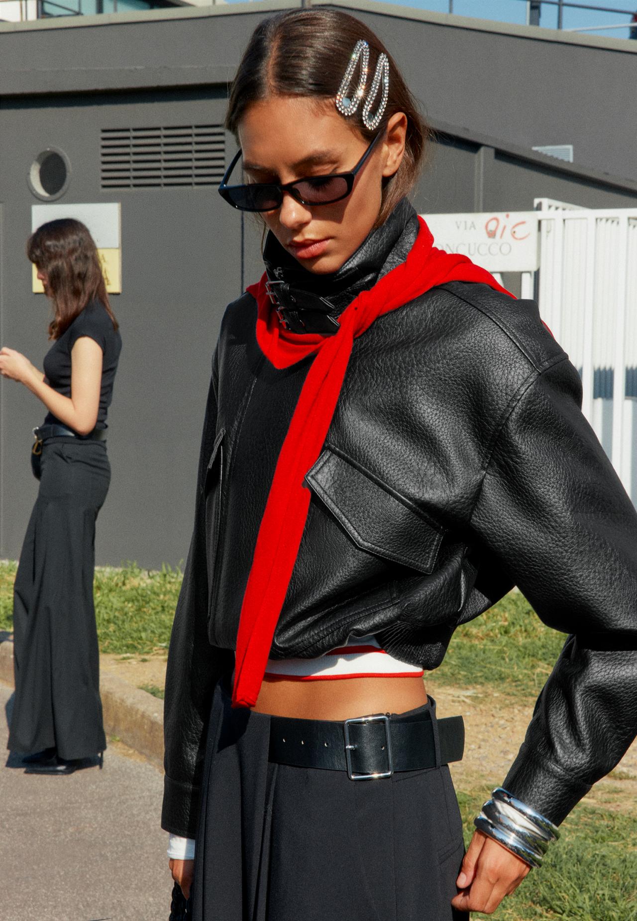 Leather effect jacket with padded shoulders and pockets — Black