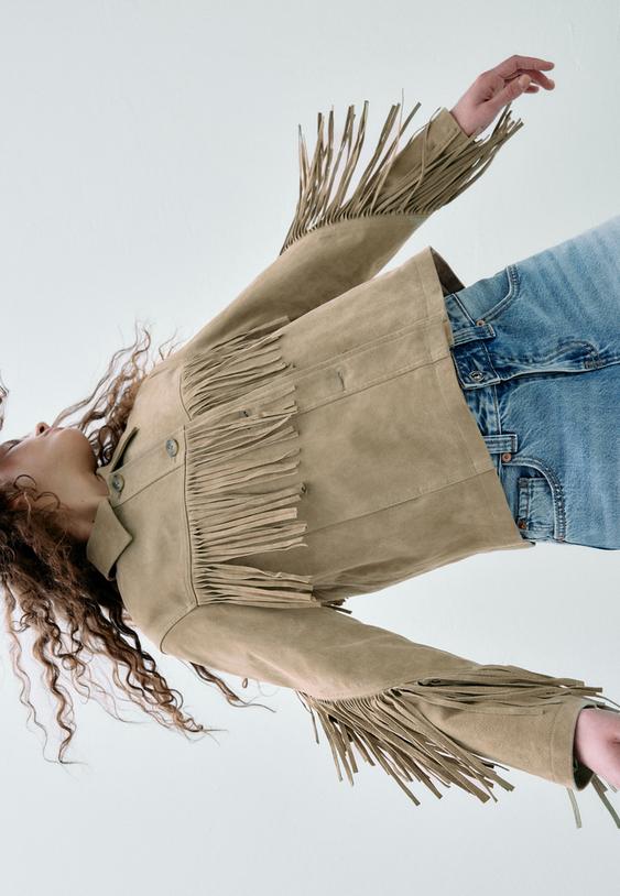 Stradivarius Fringed 100% Leather Jacket Stone M