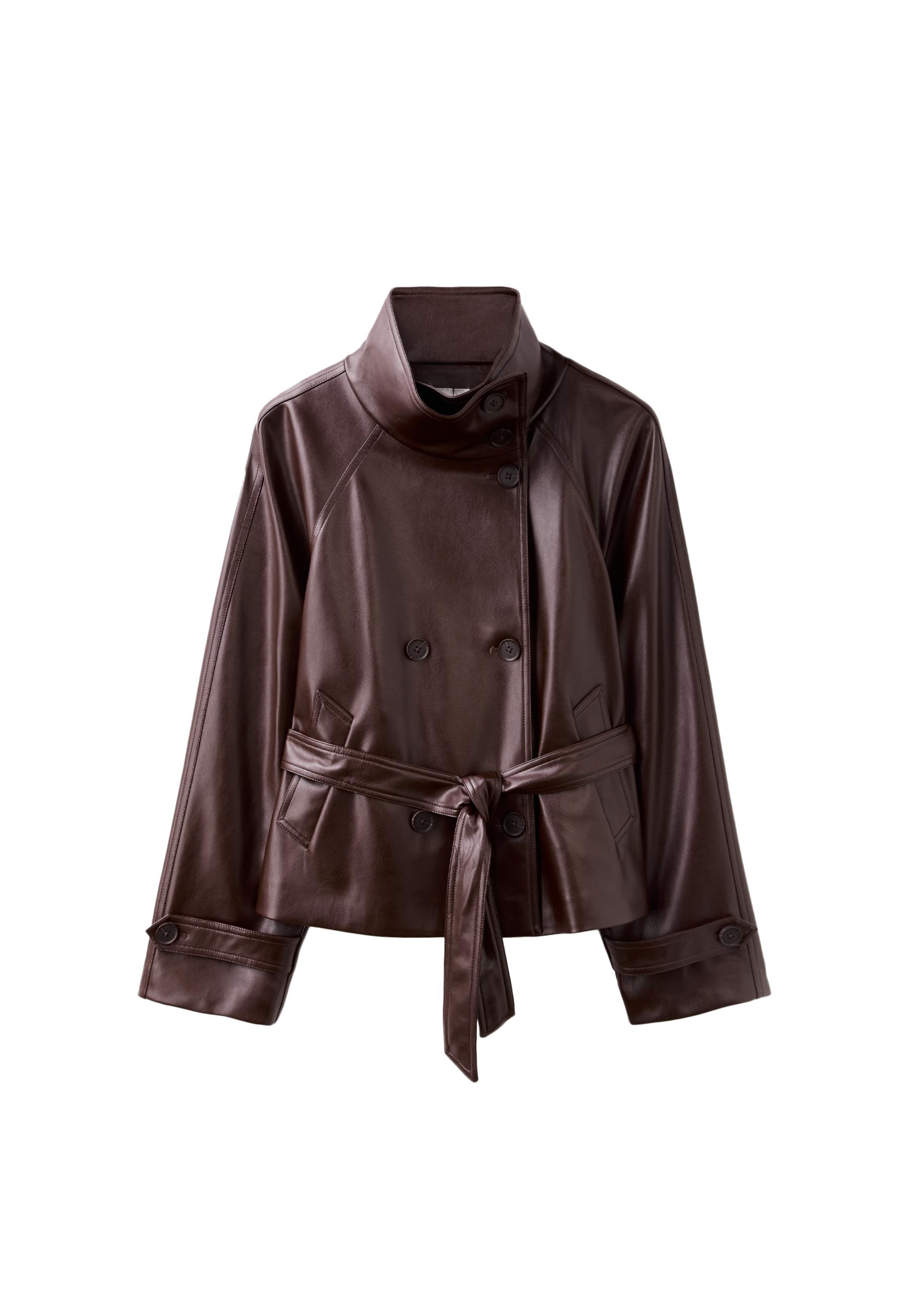 High neck leather effect trench coat — Brown