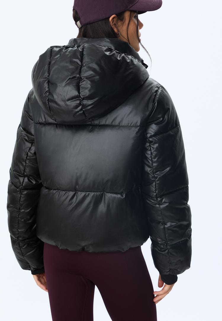 metallic hooded puffer jacket