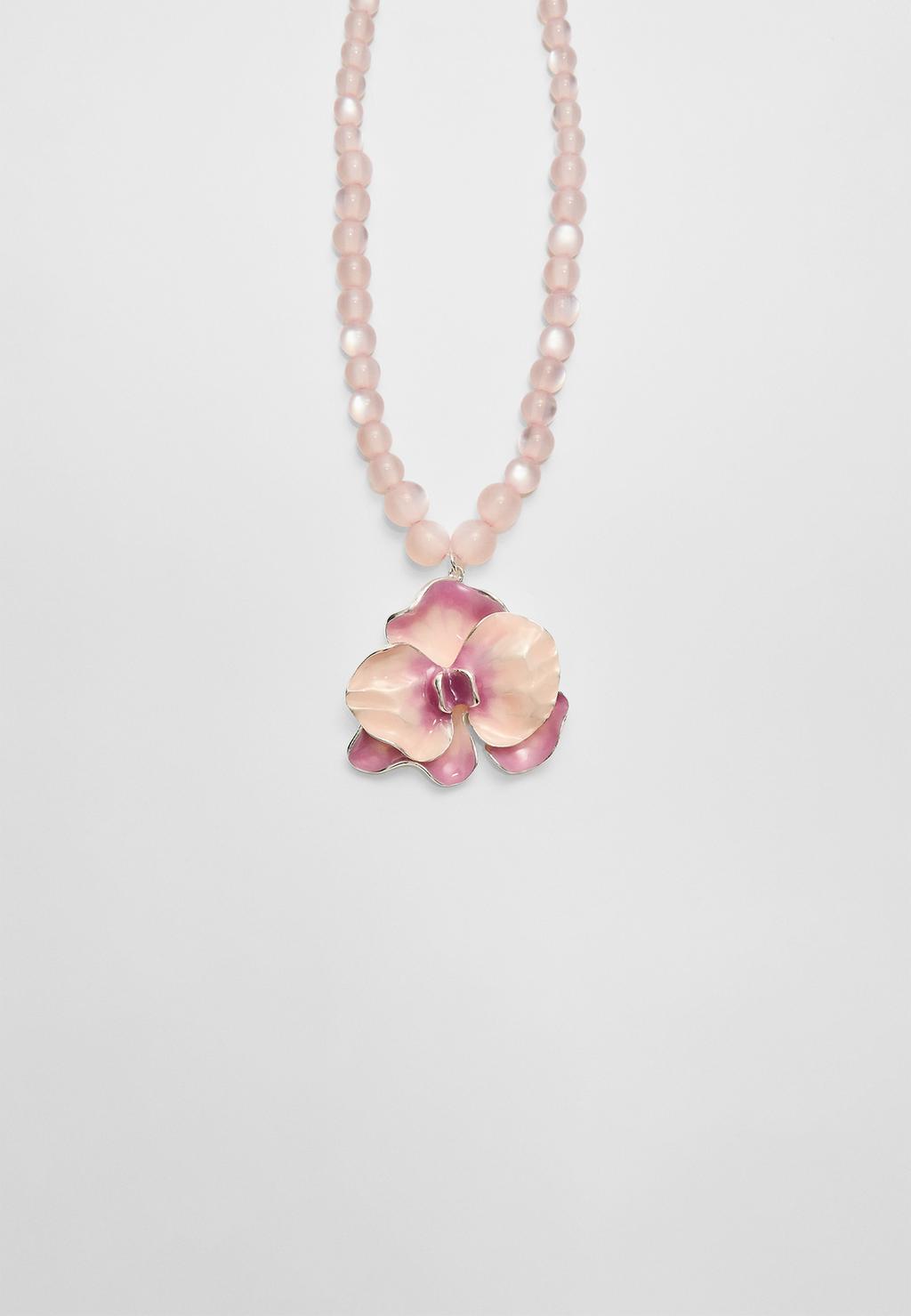 Beaded necklace with enamelled flower