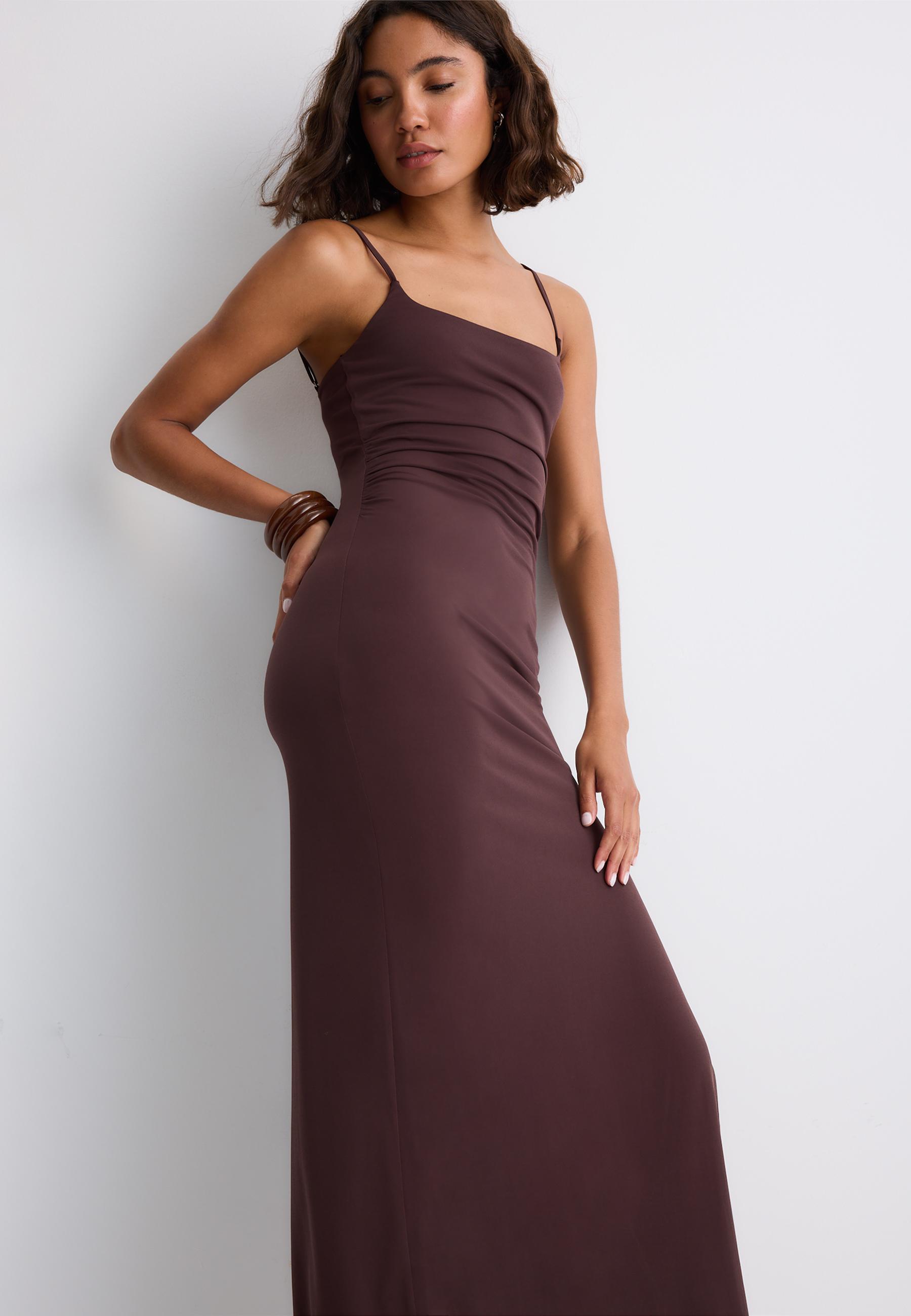Gathered strap midi dress — Brown