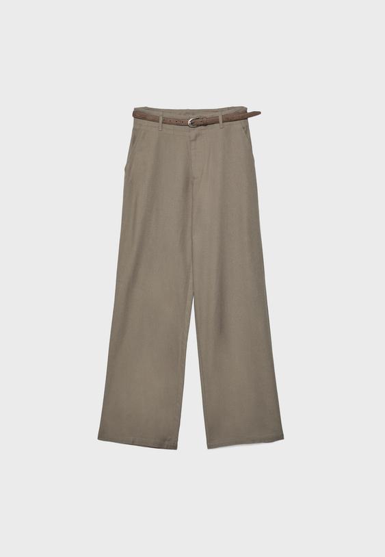 Kemerli, keten görünümlü düz paça pantolon - Görsel 13