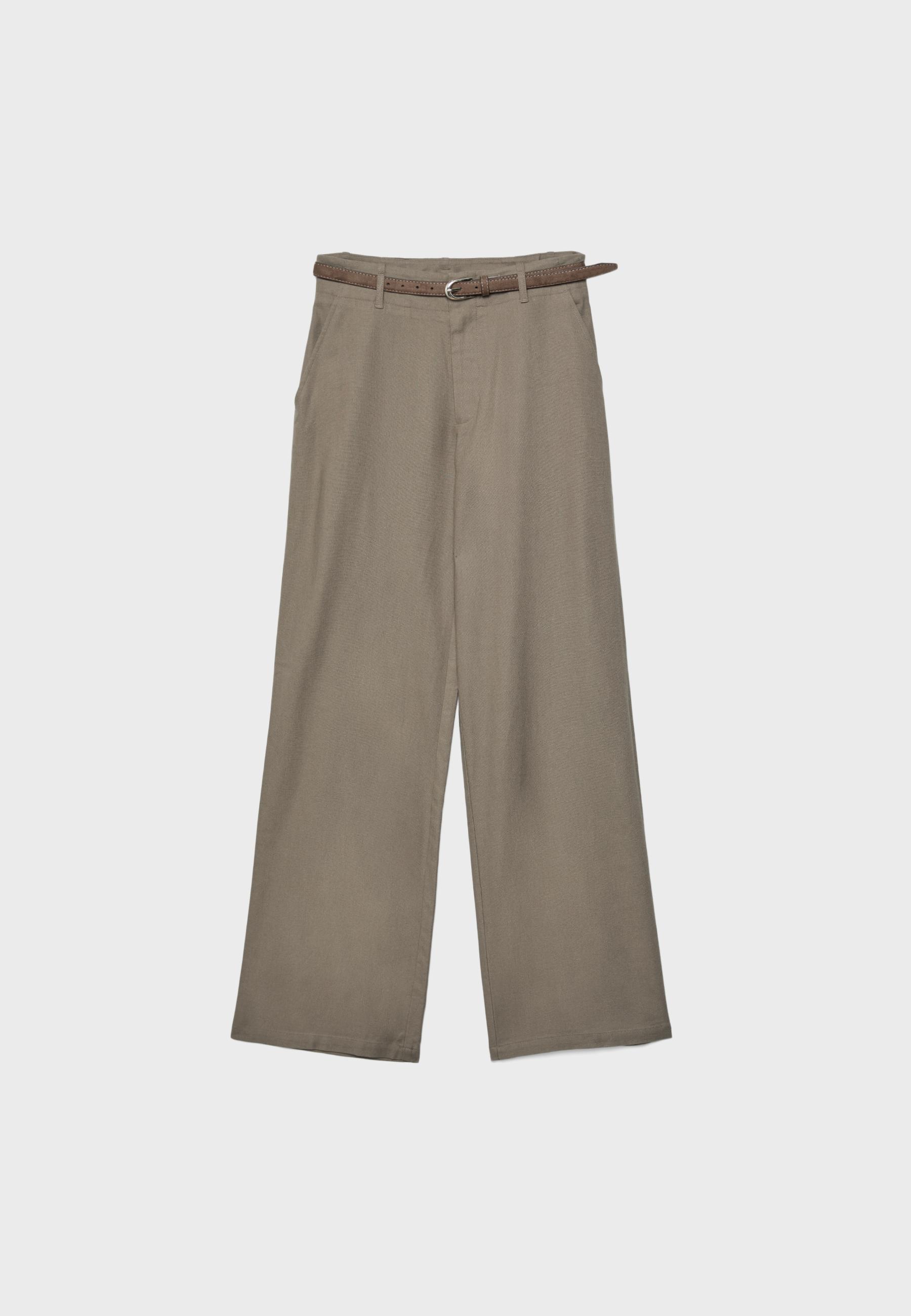 Linen-effect straight-leg trousers with belt — Brown