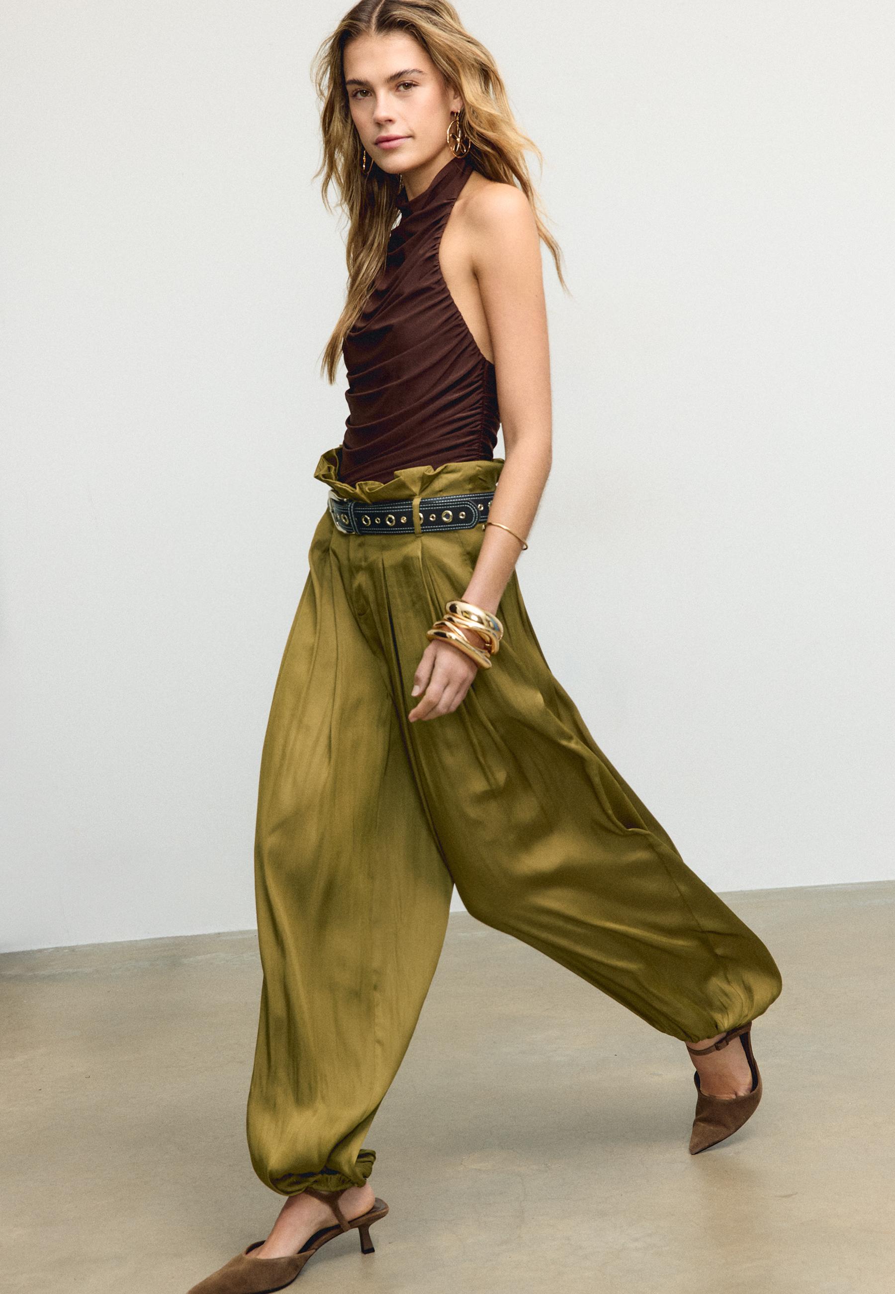 Satin sarouel trousers with belt - Women's fashion | Stradivarius