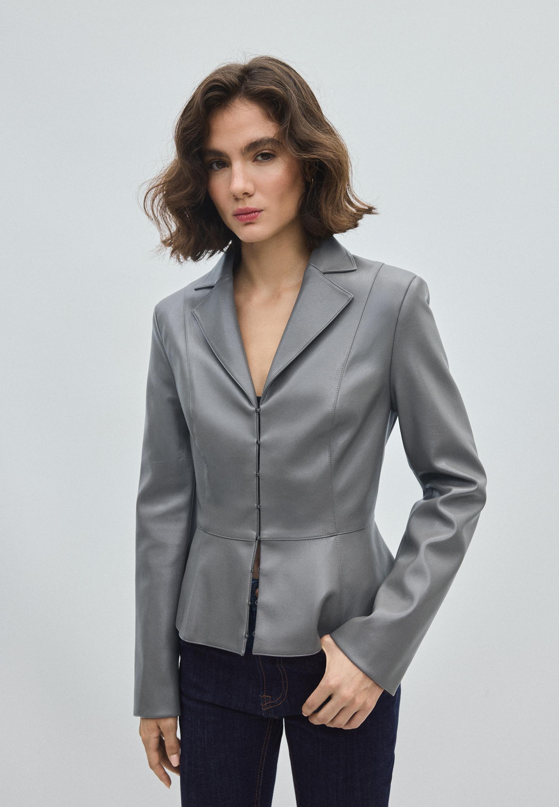 Fitted leather effect peplum blazer — Dark grey