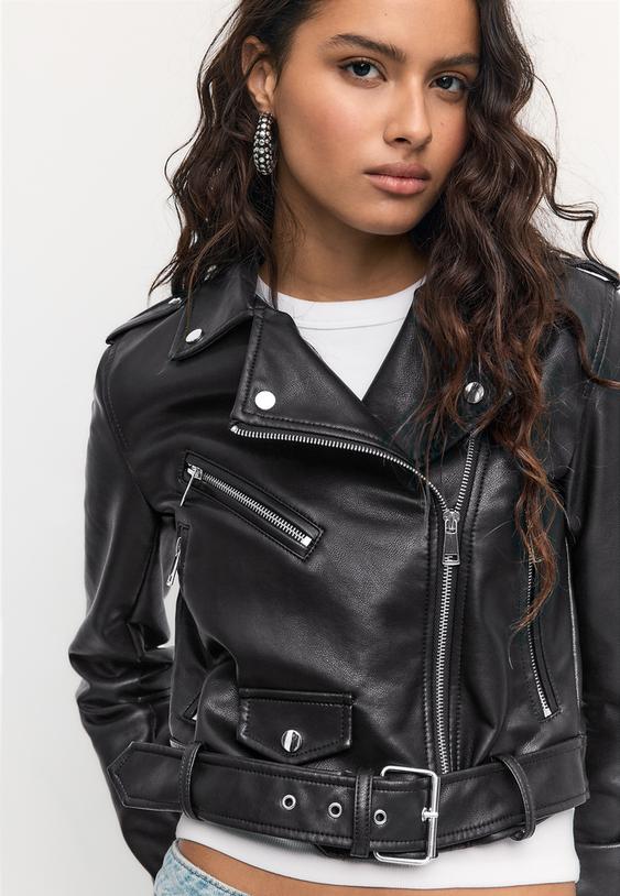 Stradivarius Faux Leather Biker Jacket With Belt Black S