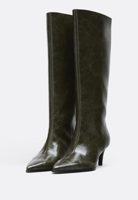 Stradivarius Μπότες Με Kitten Heel Και Φαρδύ Επάνω Μέρος Σε Χακί Χακί 38
