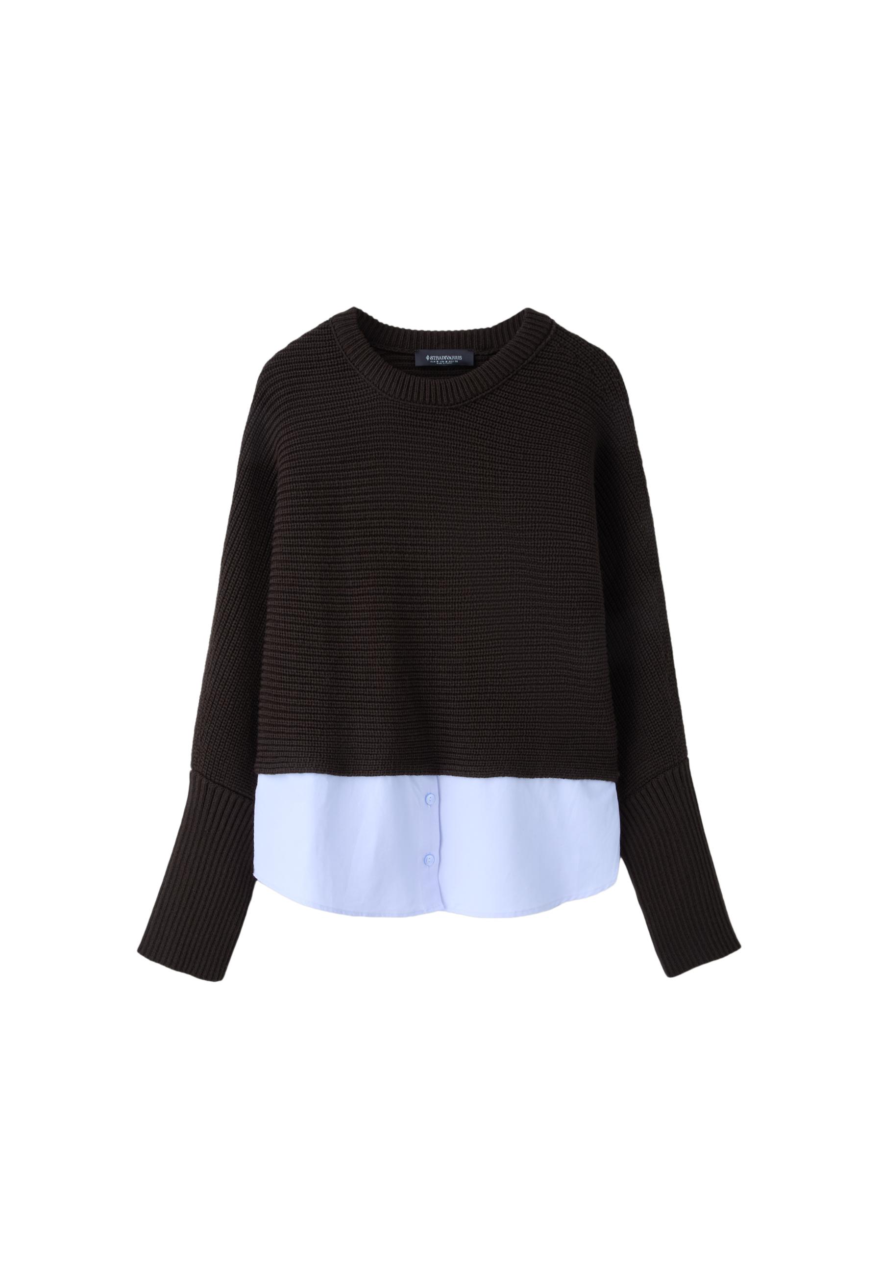 Mixed-fabric batwing knit jumper — Brown