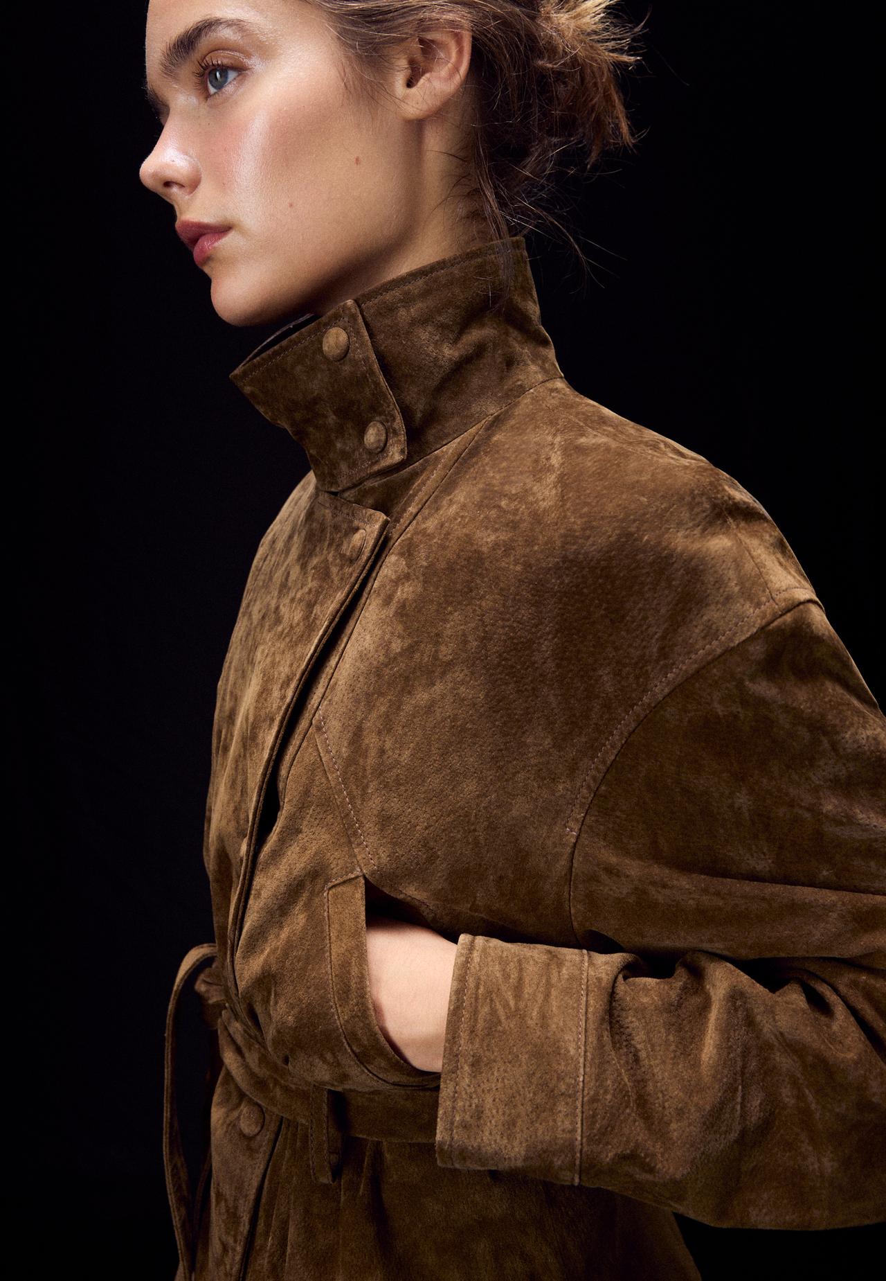 100% leather high neck trench coat with belt — Brown