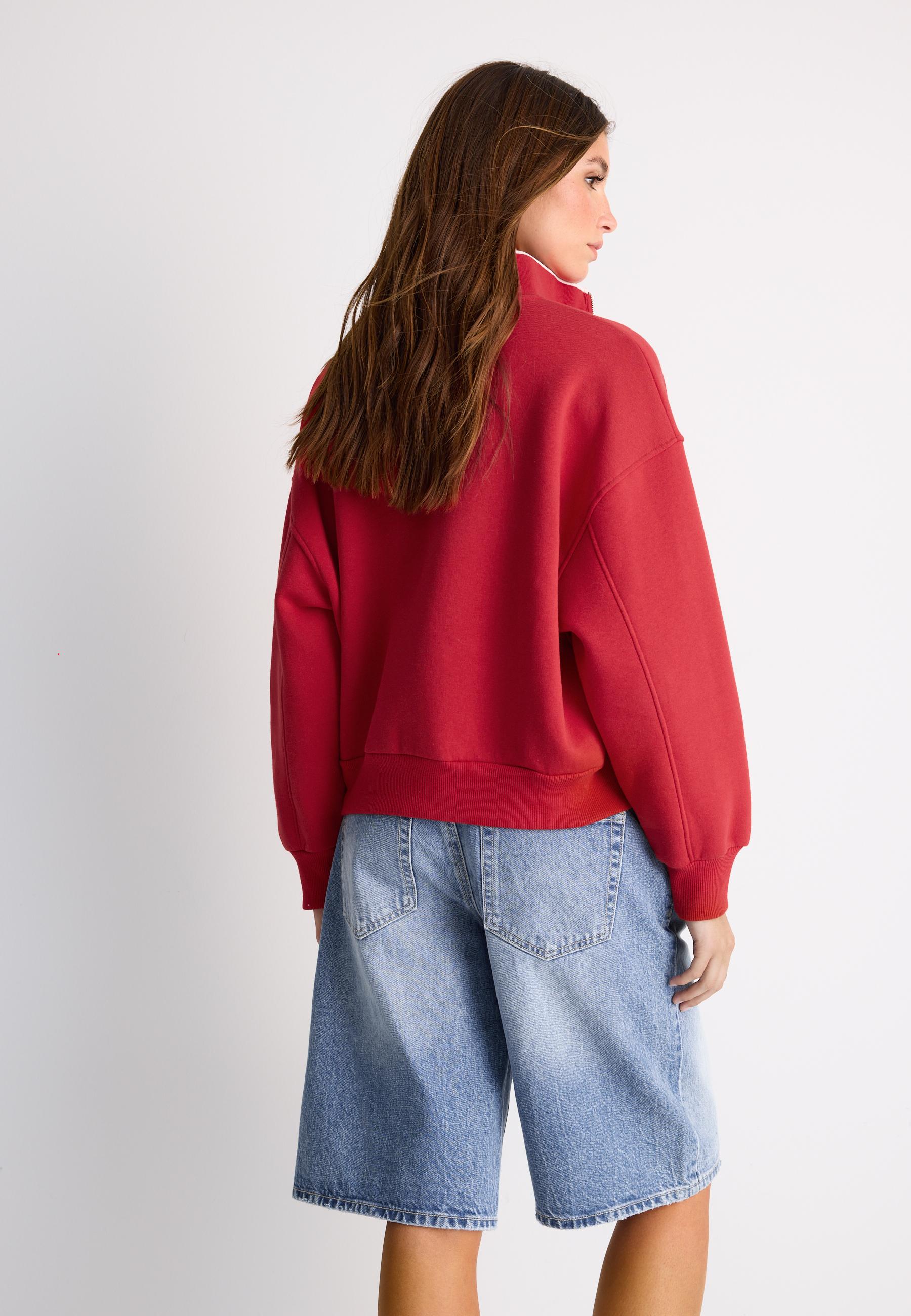Embroidered Zip-Up Sweatshirt — Red