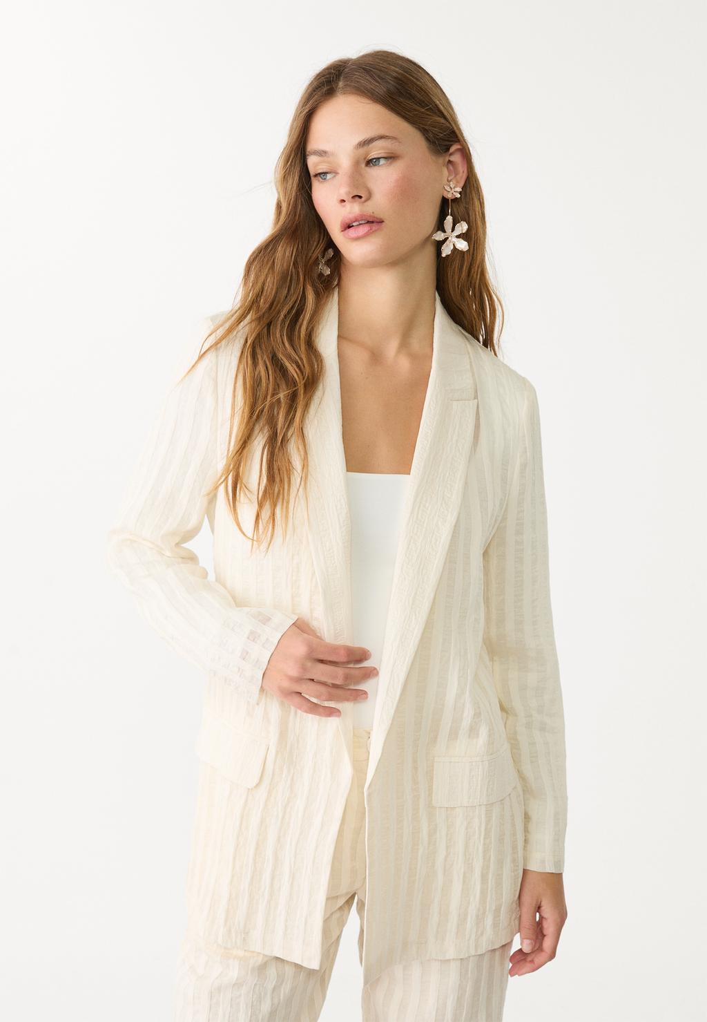 Striped semi-sheer open blazer