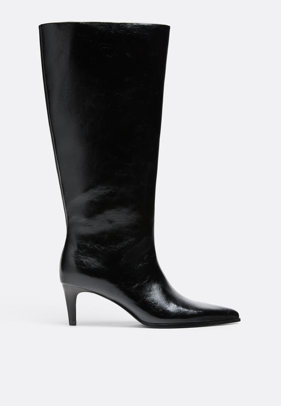 Stradivarius Μαύρες Μπότες Με Φαρδιά Γάμπα Και Kitten Heel Μαύρο 37