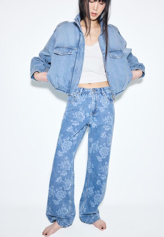 jeans straight imprime floral laser