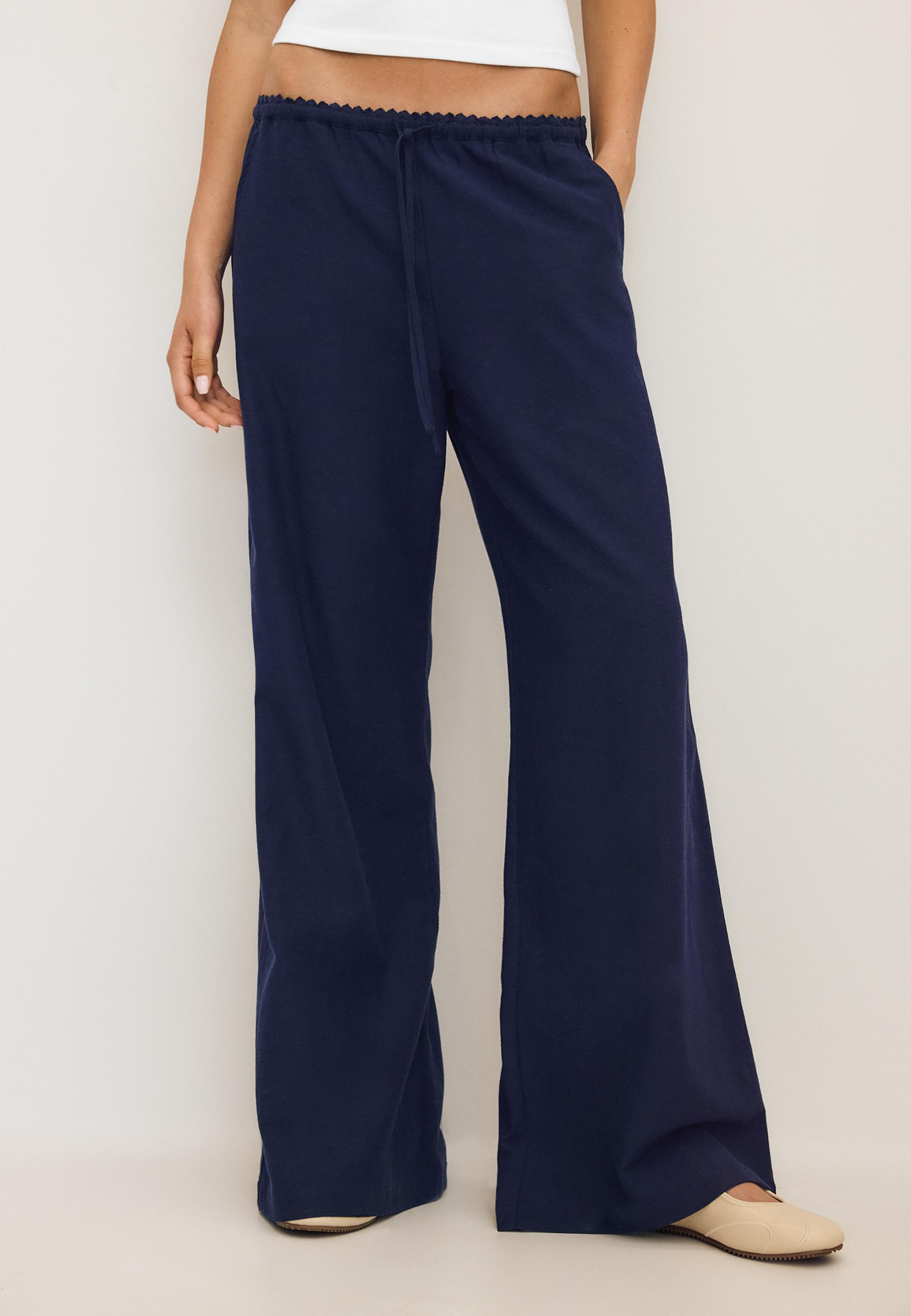 Wide-leg linen-effect trousers — Dark blue