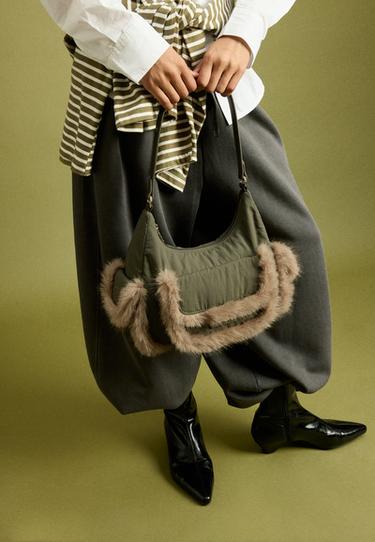 Faux fur pocket shoulder bag — Khaki 4