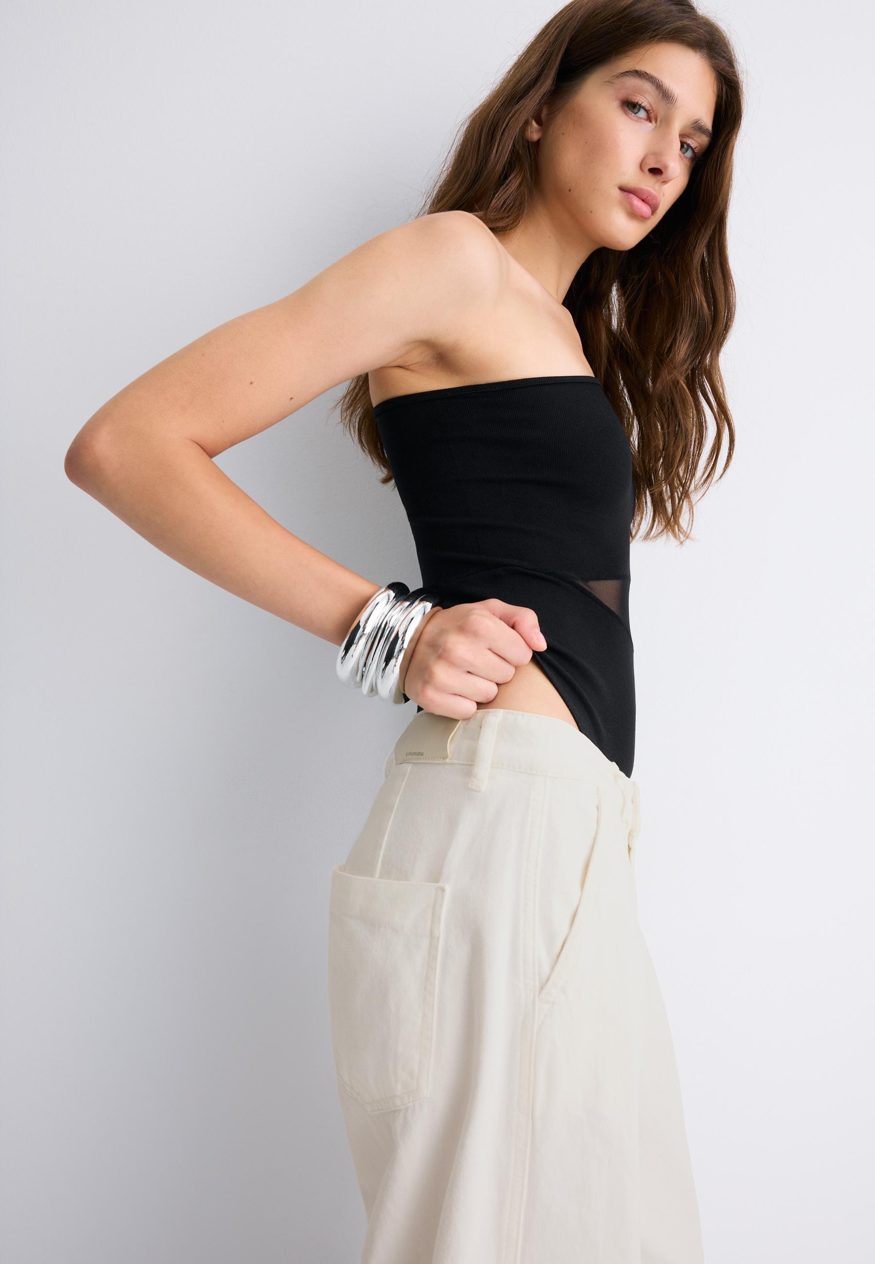 Asymmetric bodysuit with sheer details — Black