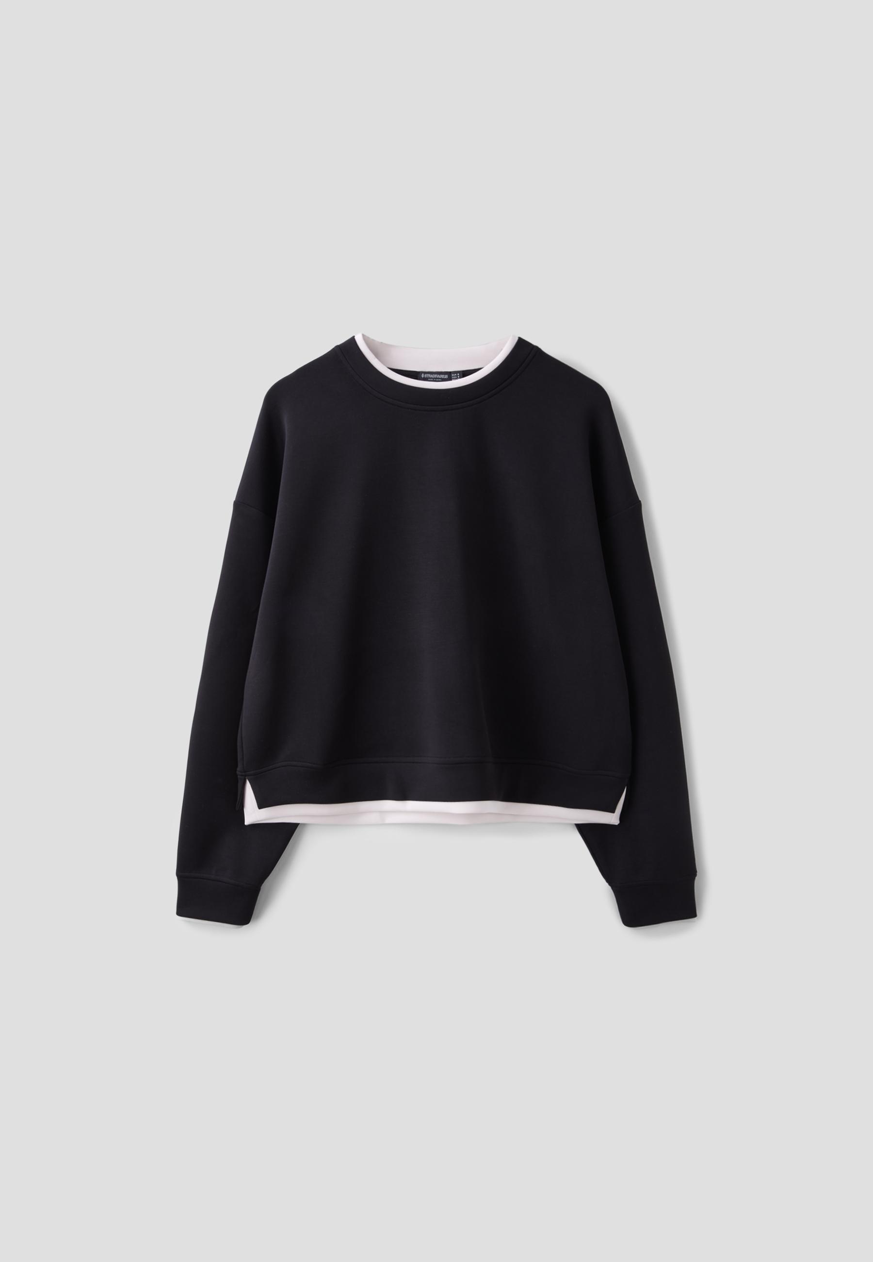 Soft-touch contrast round neck sweatshirt — Black