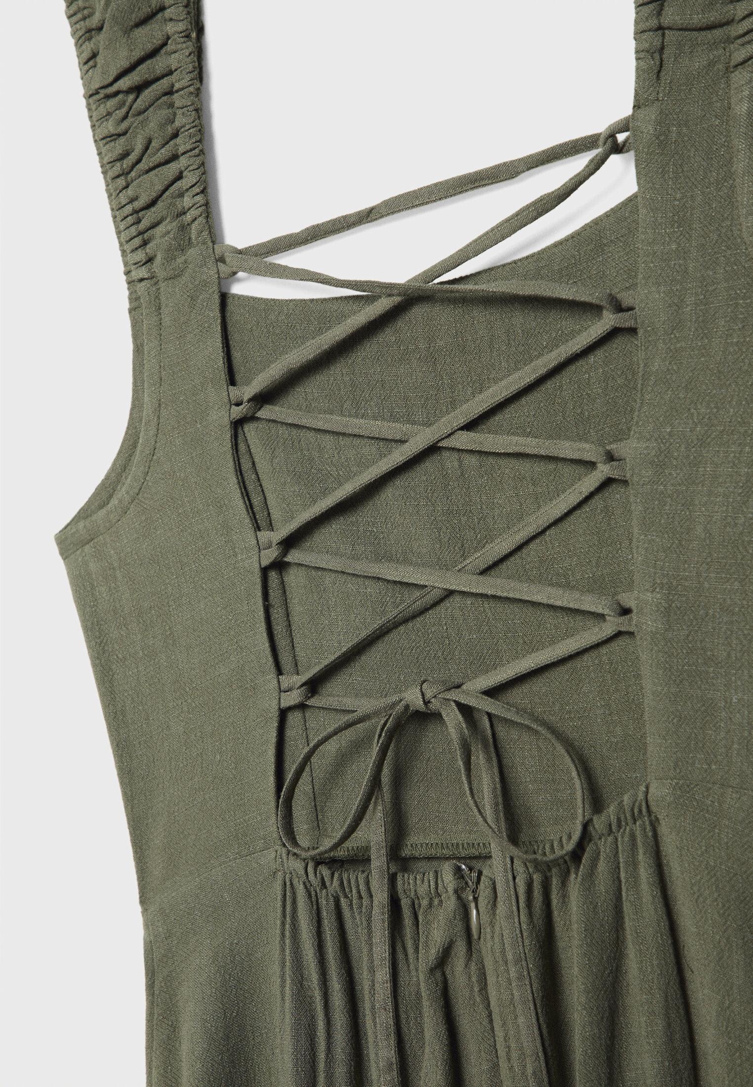 Linen-look cross-back midi dress — Khaki