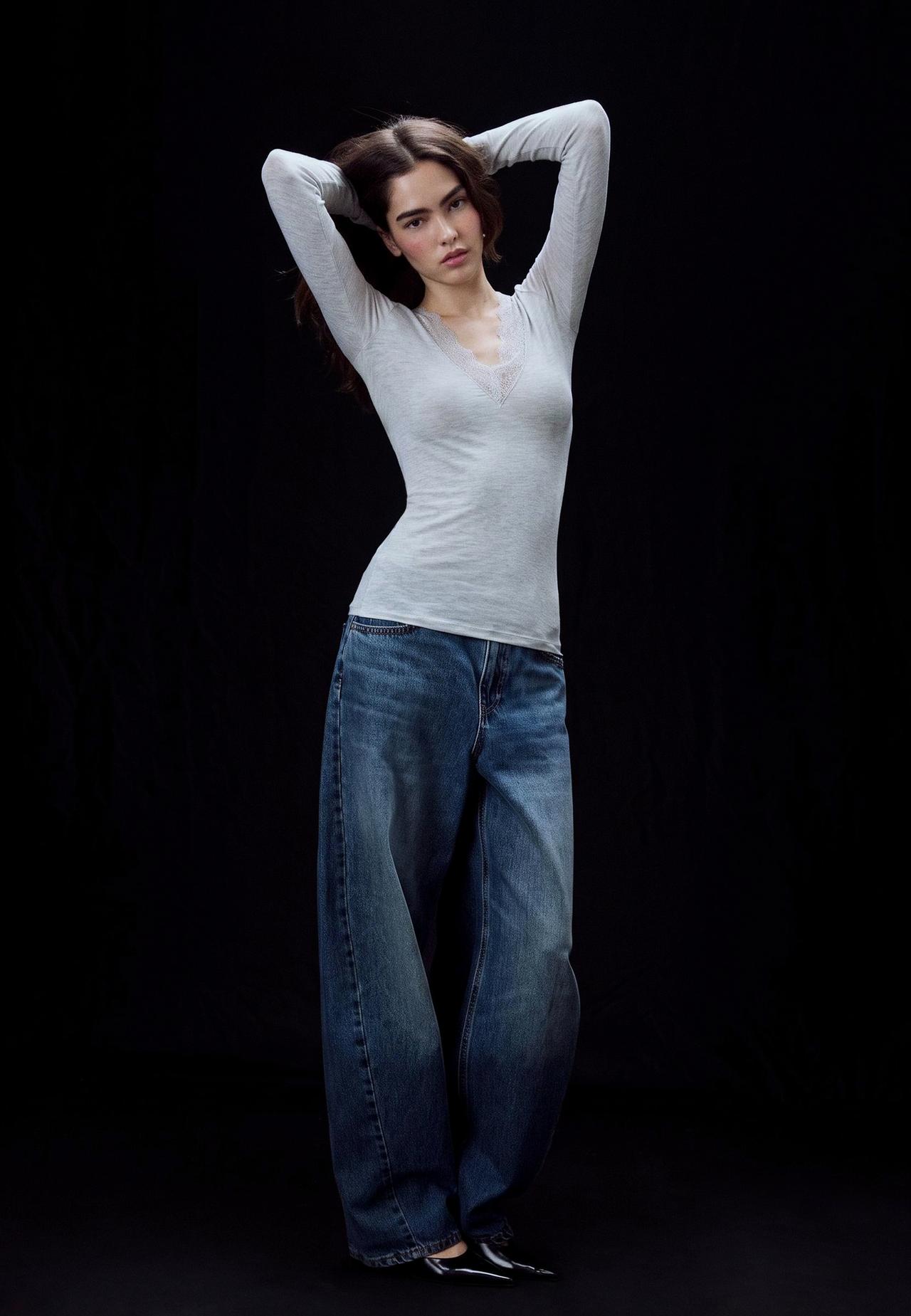 Cashmere V-neck long sleeve T-shirt — Grey melange