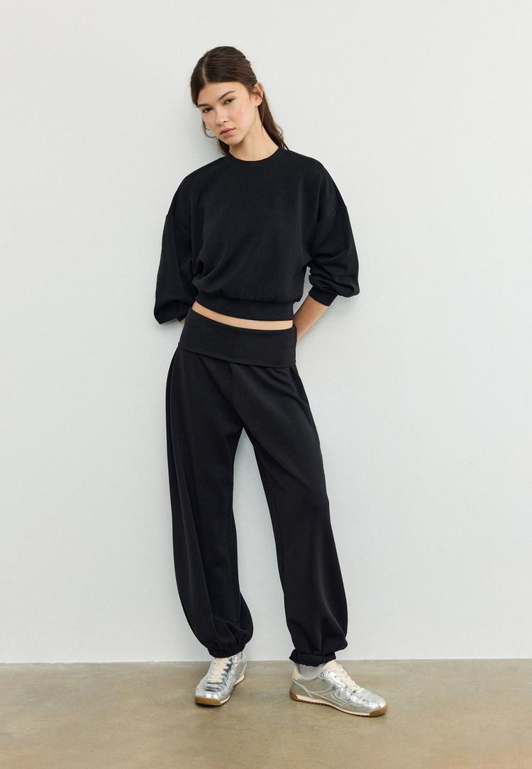 Stradivarius Παντελόνι Jogger Μπαλούν Με Γυριστή Μέση Και Απαλή Υφή Μαύρο L