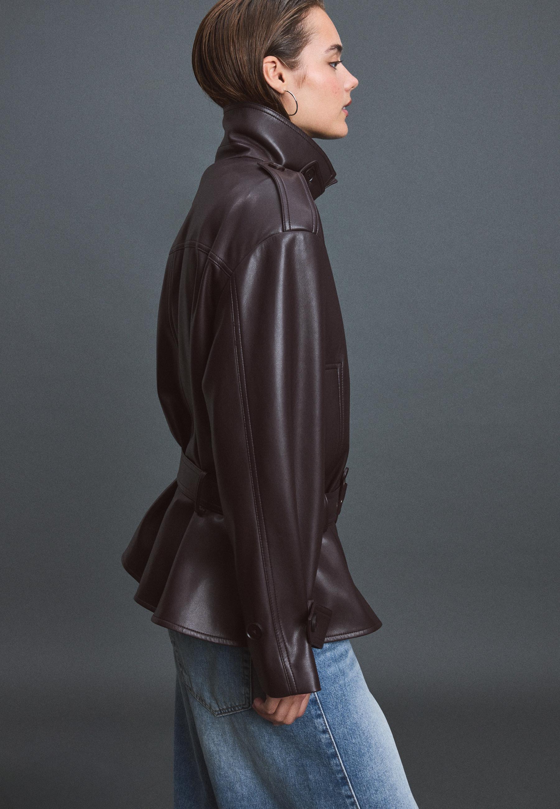Stradivarius Trench Peplum Με Όψη Δέρματος Μωβ S