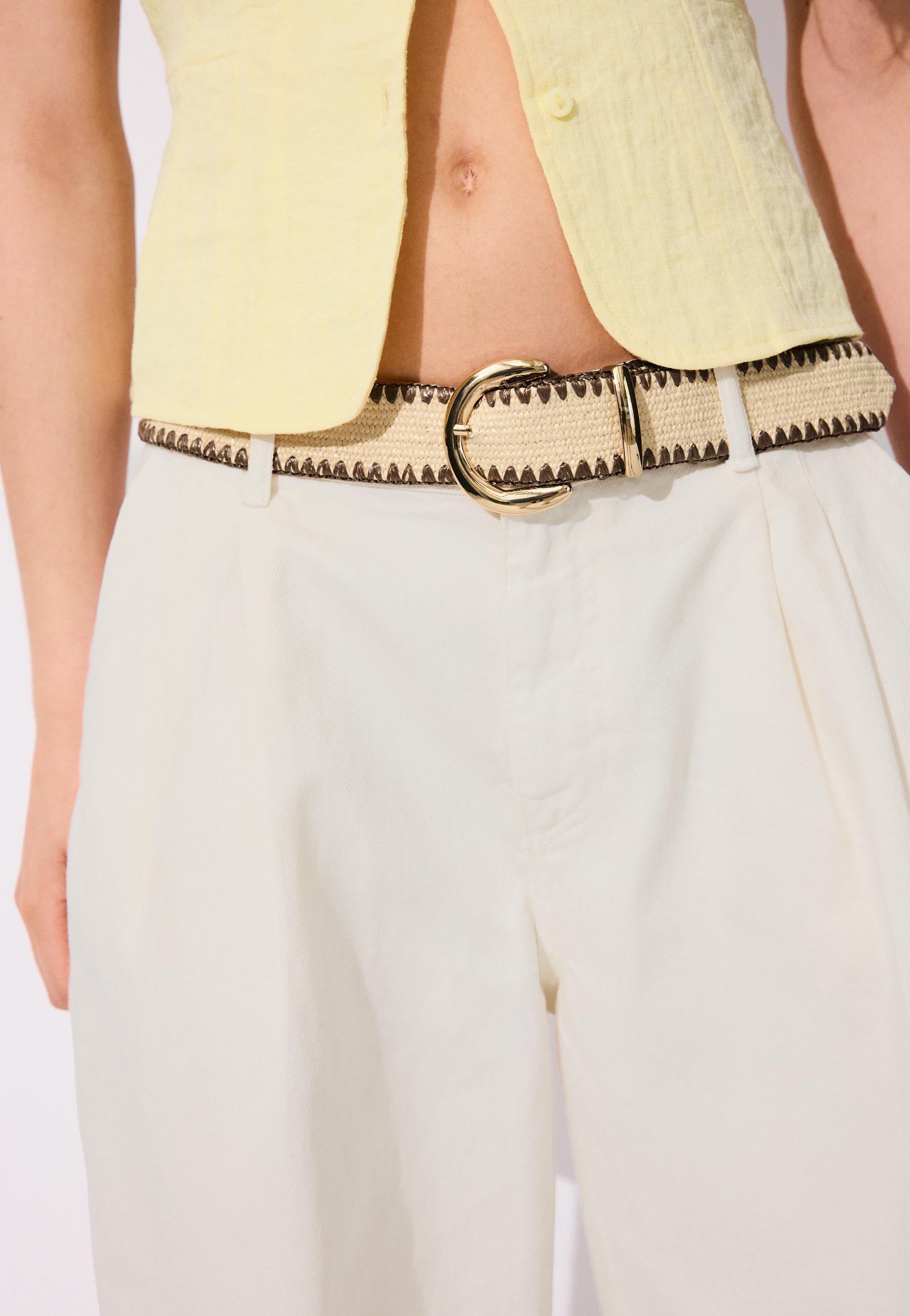 Raffia belt with topstitching — Brown