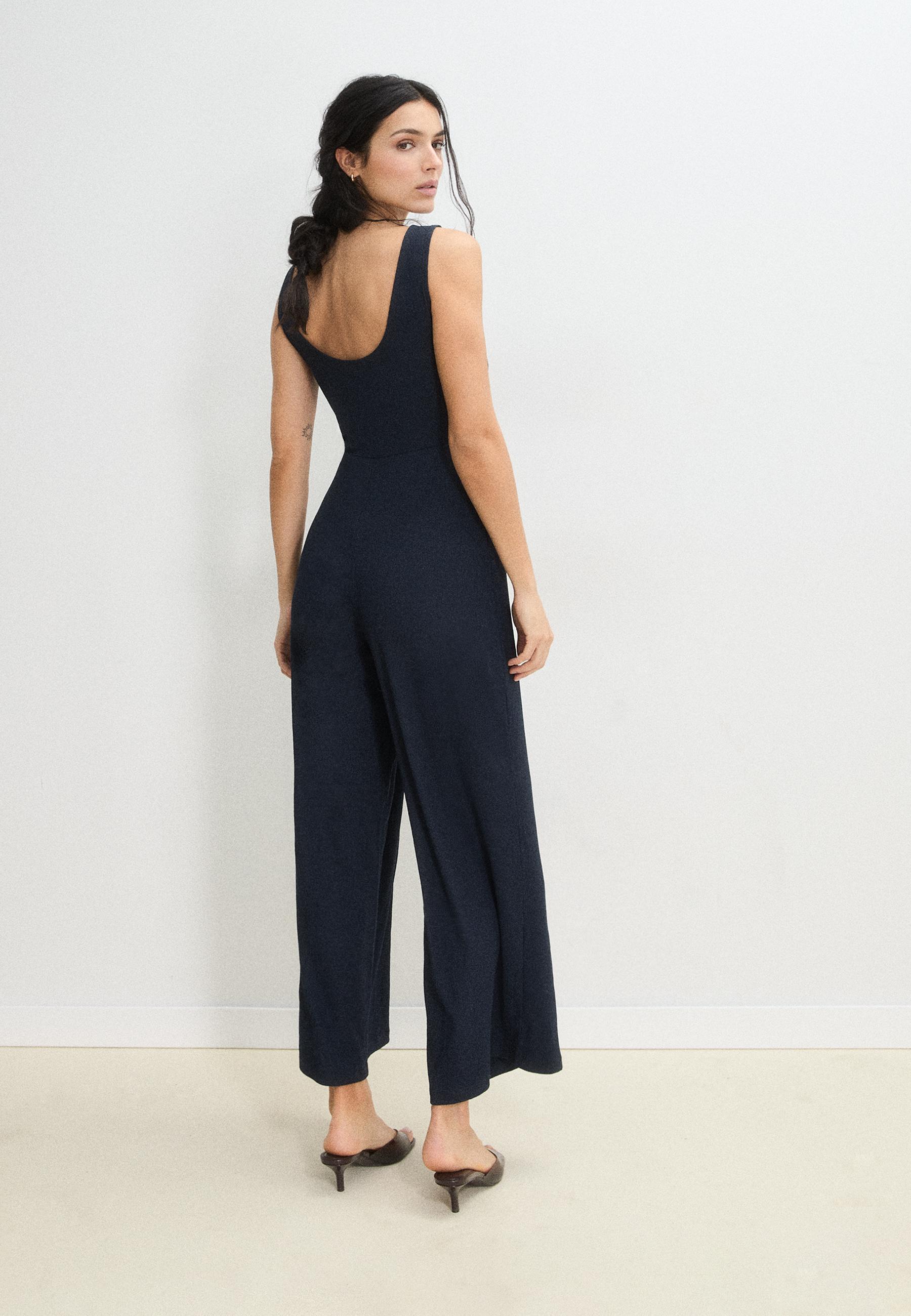 Long sleeveless straight jumpsuit — Navy blue