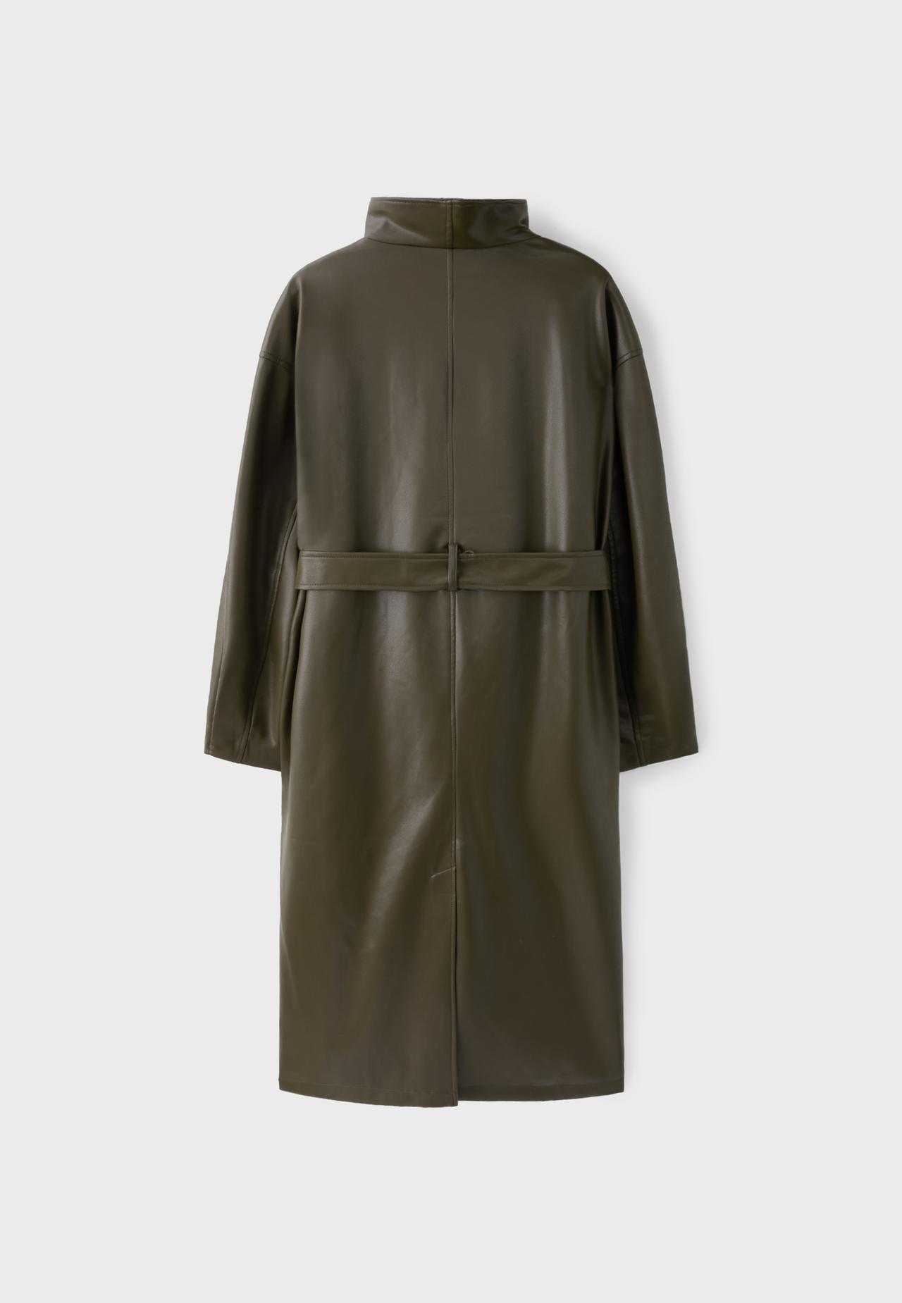 Long leather effect waterfall collar trench coat — Khaki