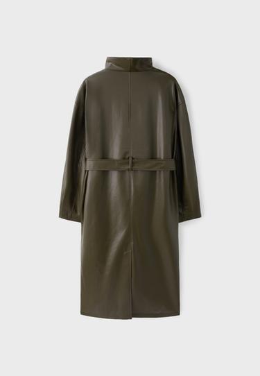 Long leather effect waterfall collar trench coat — Khaki 8