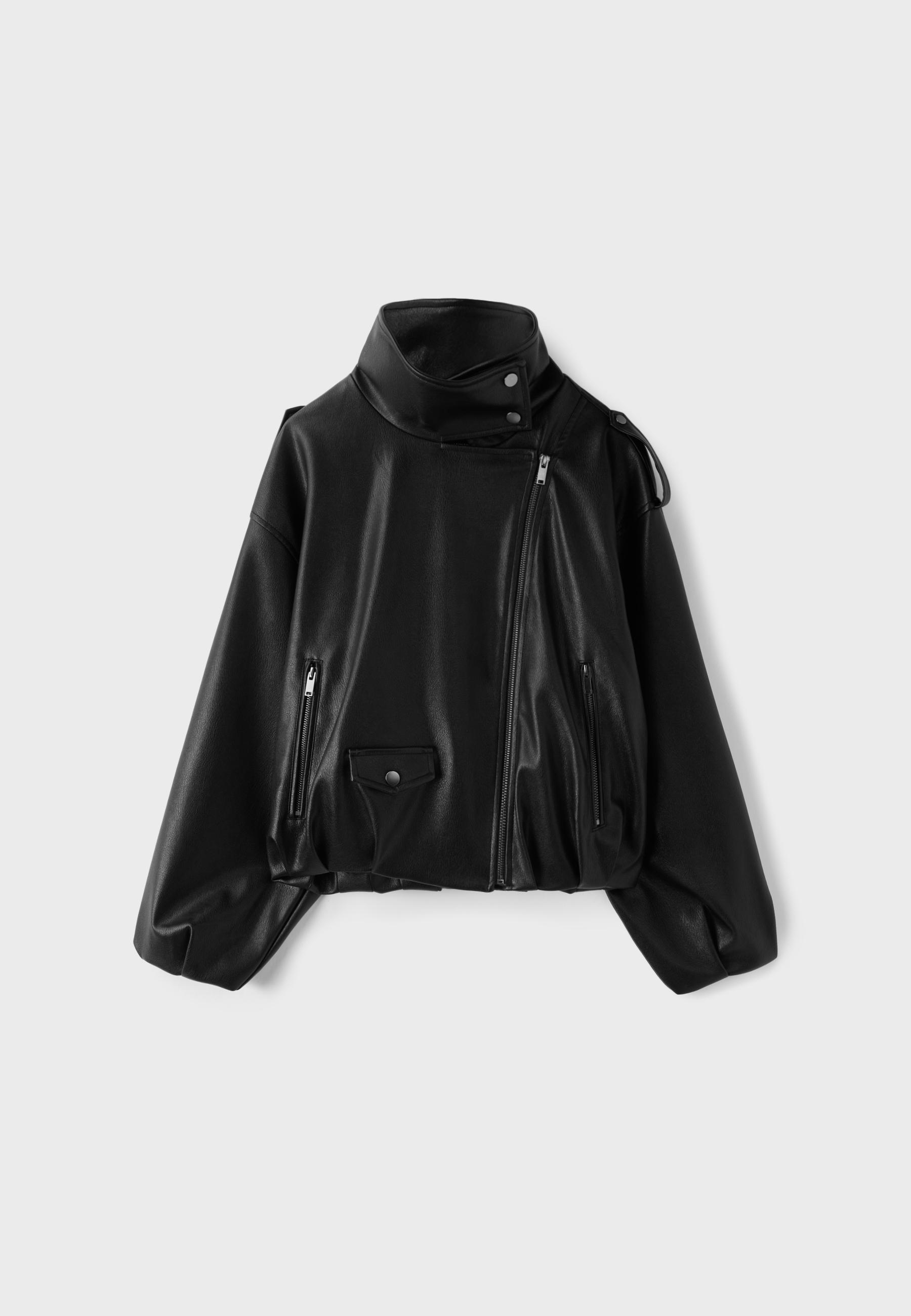 Leather effect balloon sleeve biker jacket — Black