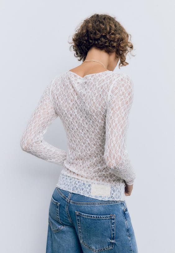 Stradivarius T-Shirt Manches Longues Dentelle Écru M