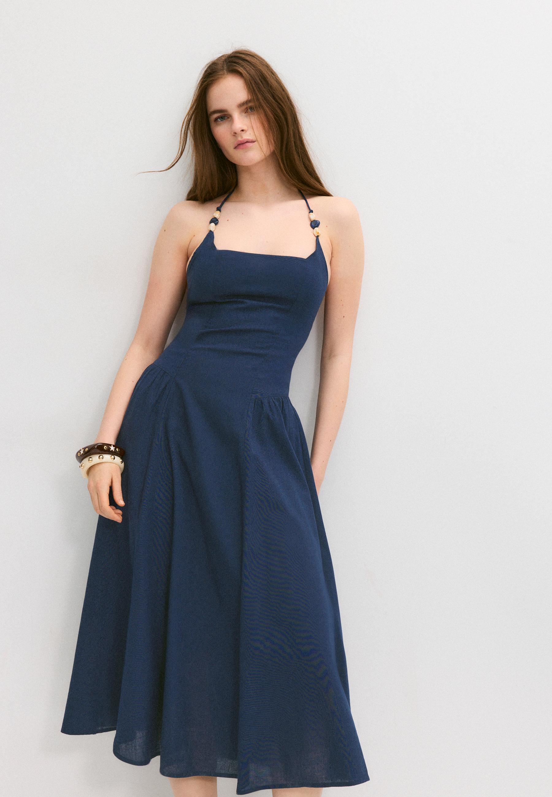 Beaded midi halter dress — Navy blue
