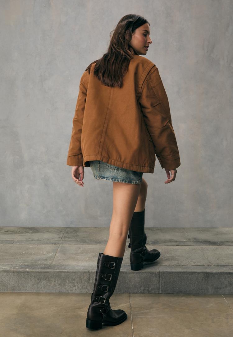 contrast leather effect parka