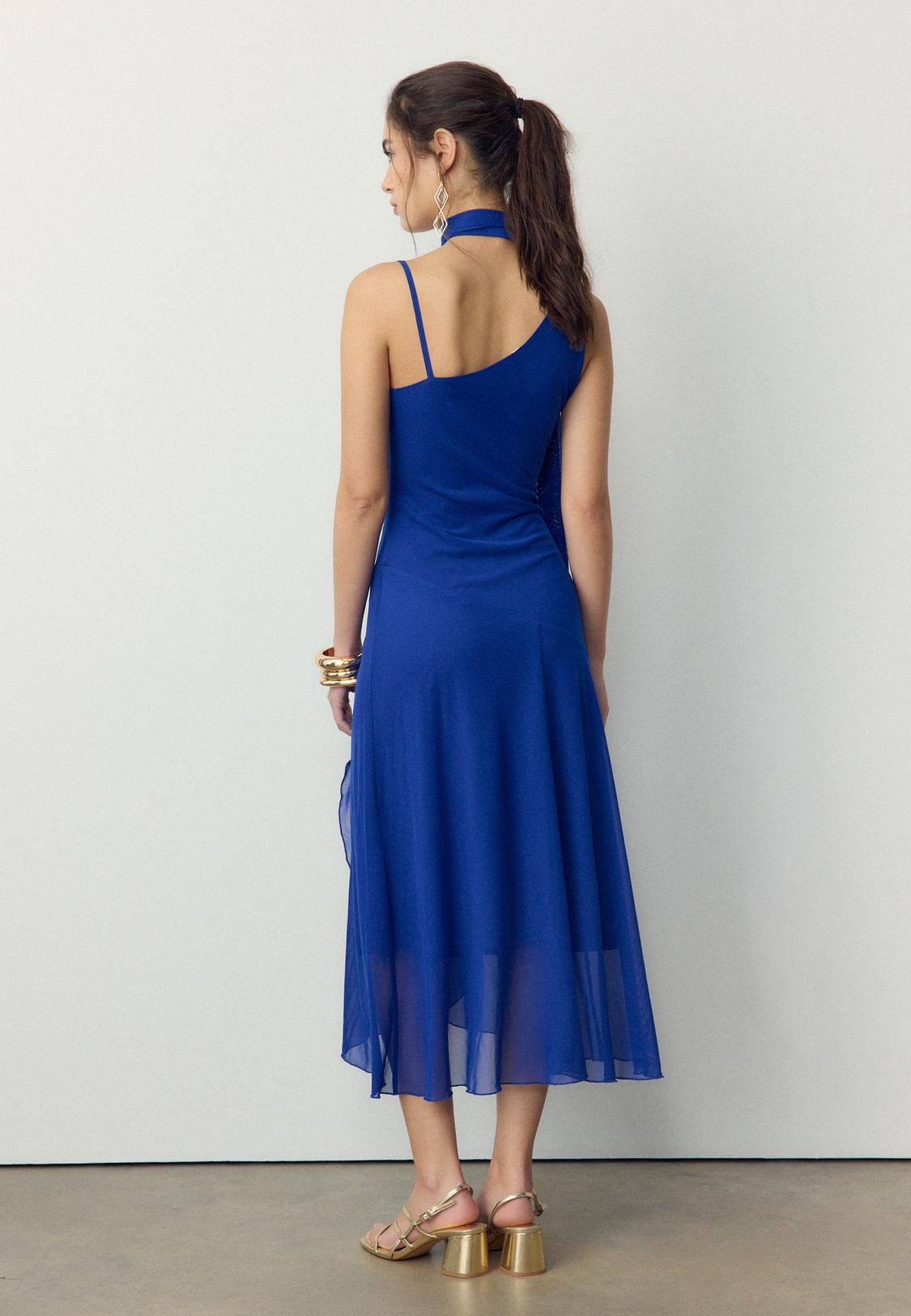 navy blue dress for baby girl Blue Satin Drape Asymmetric Strap Midi Dress – Miss Satin main image 1