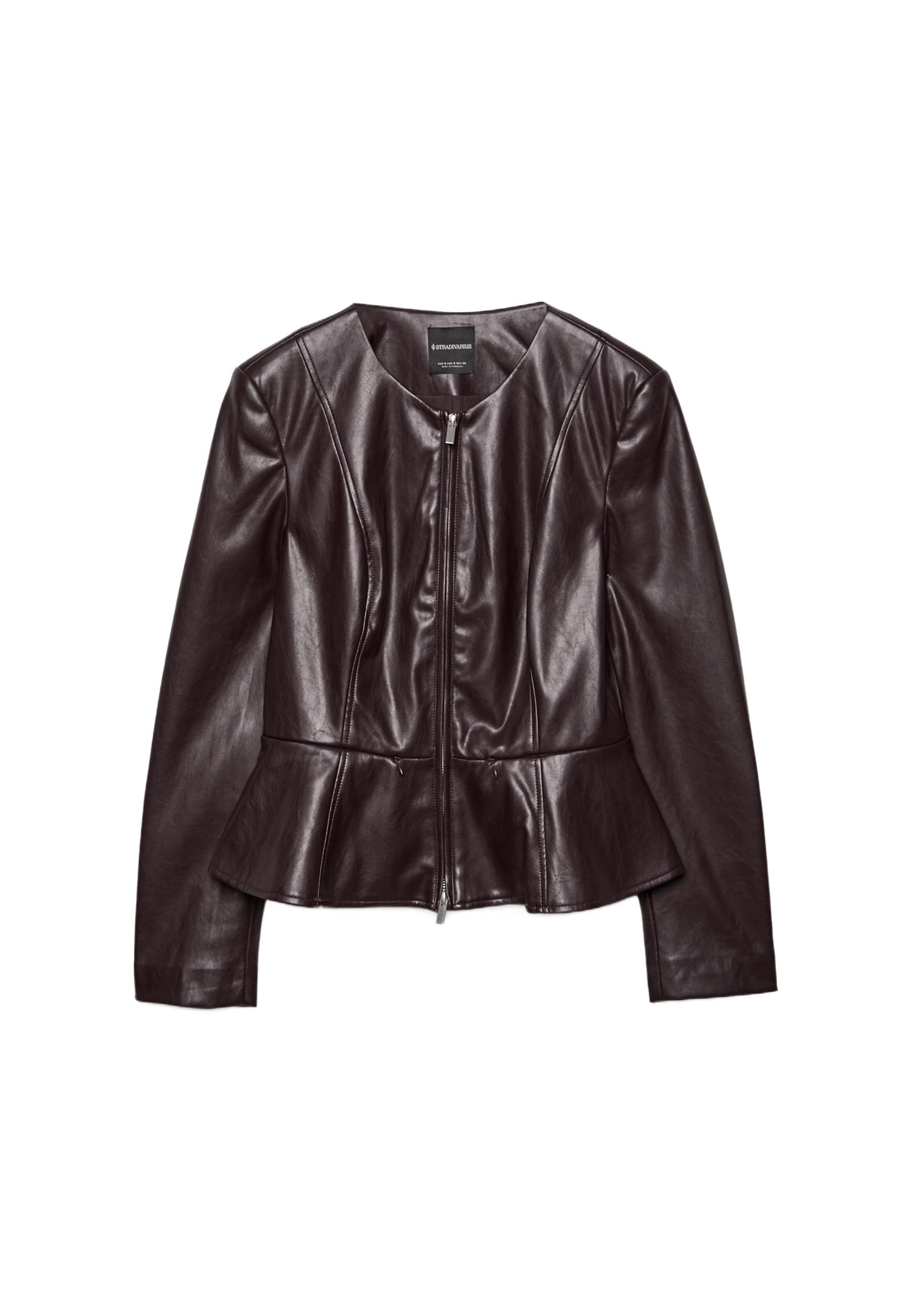 Collarless leather effect peplum blazer — Brown