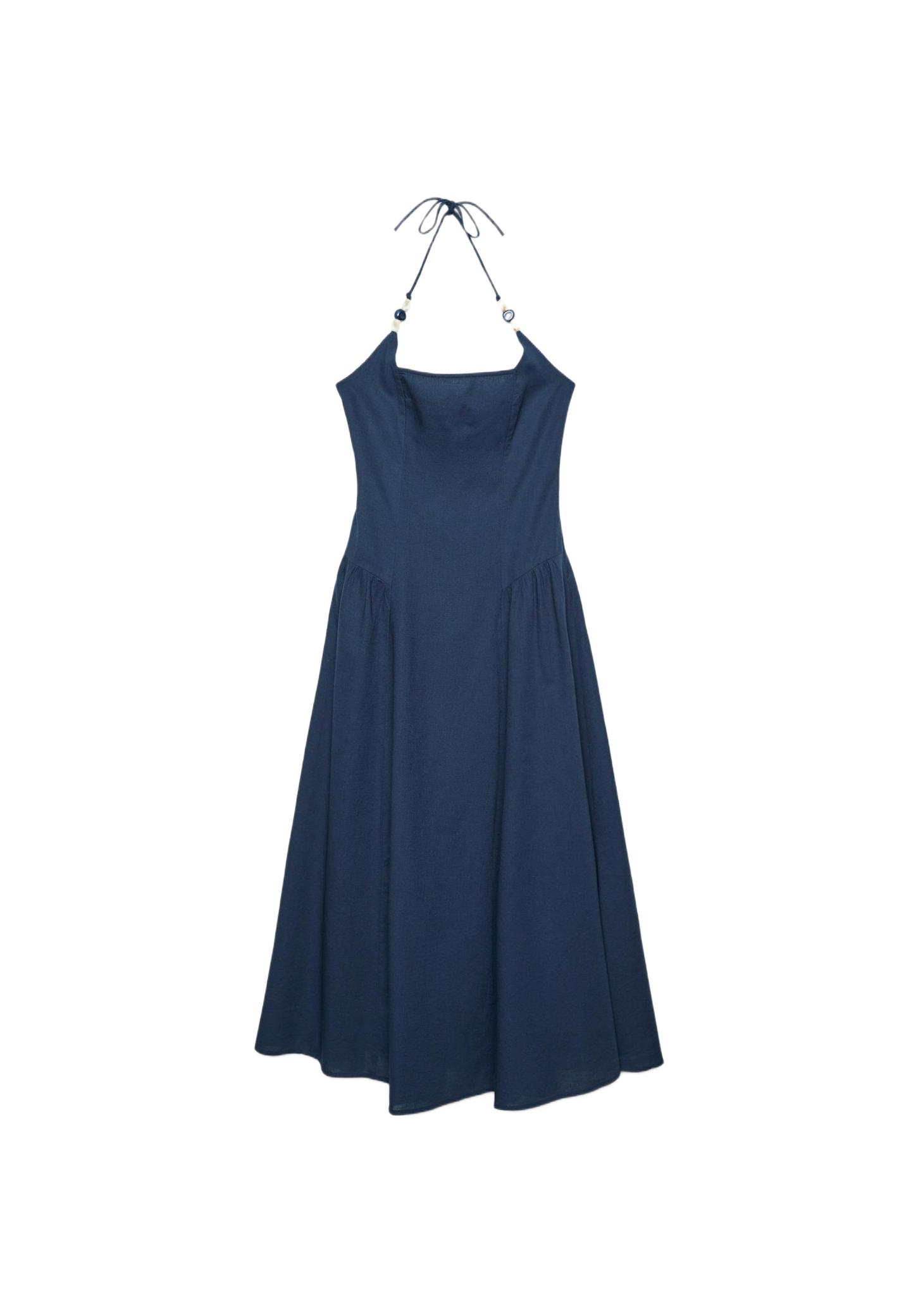 Halter yaka boncuk detaylı midi elbise - Görsel 2