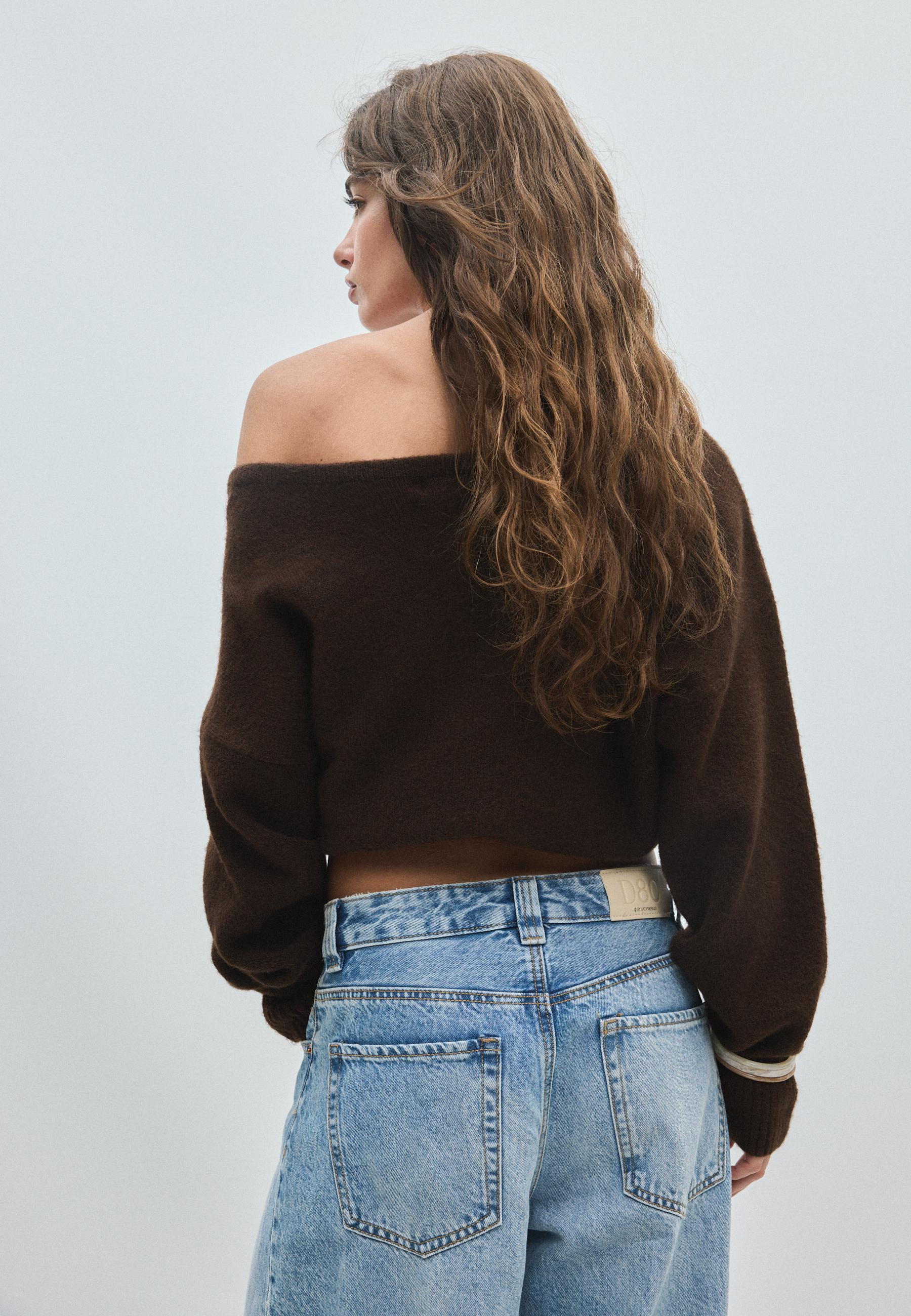 Soft-touch knit boat neck sweater — Brown