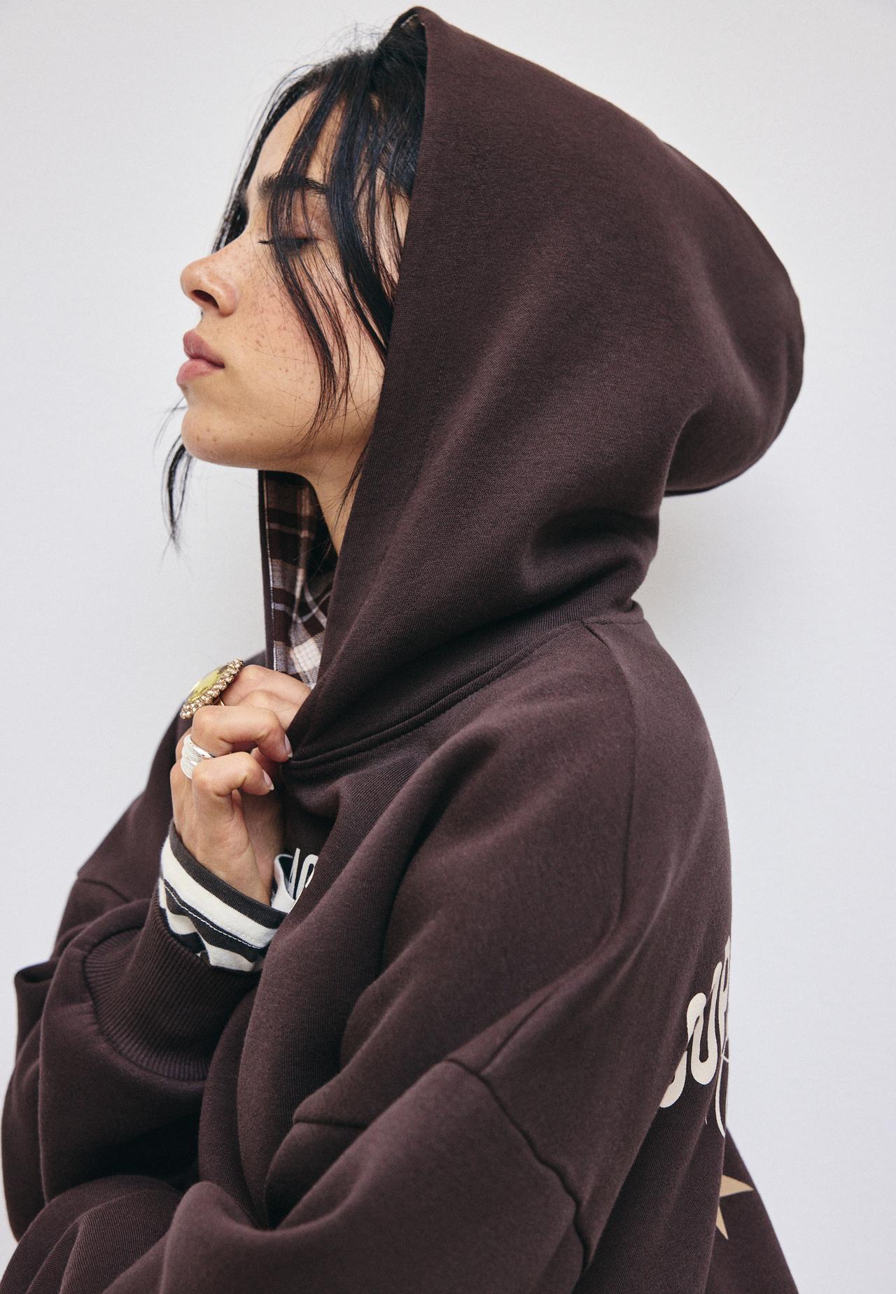Check hood sweatshirt — Brown