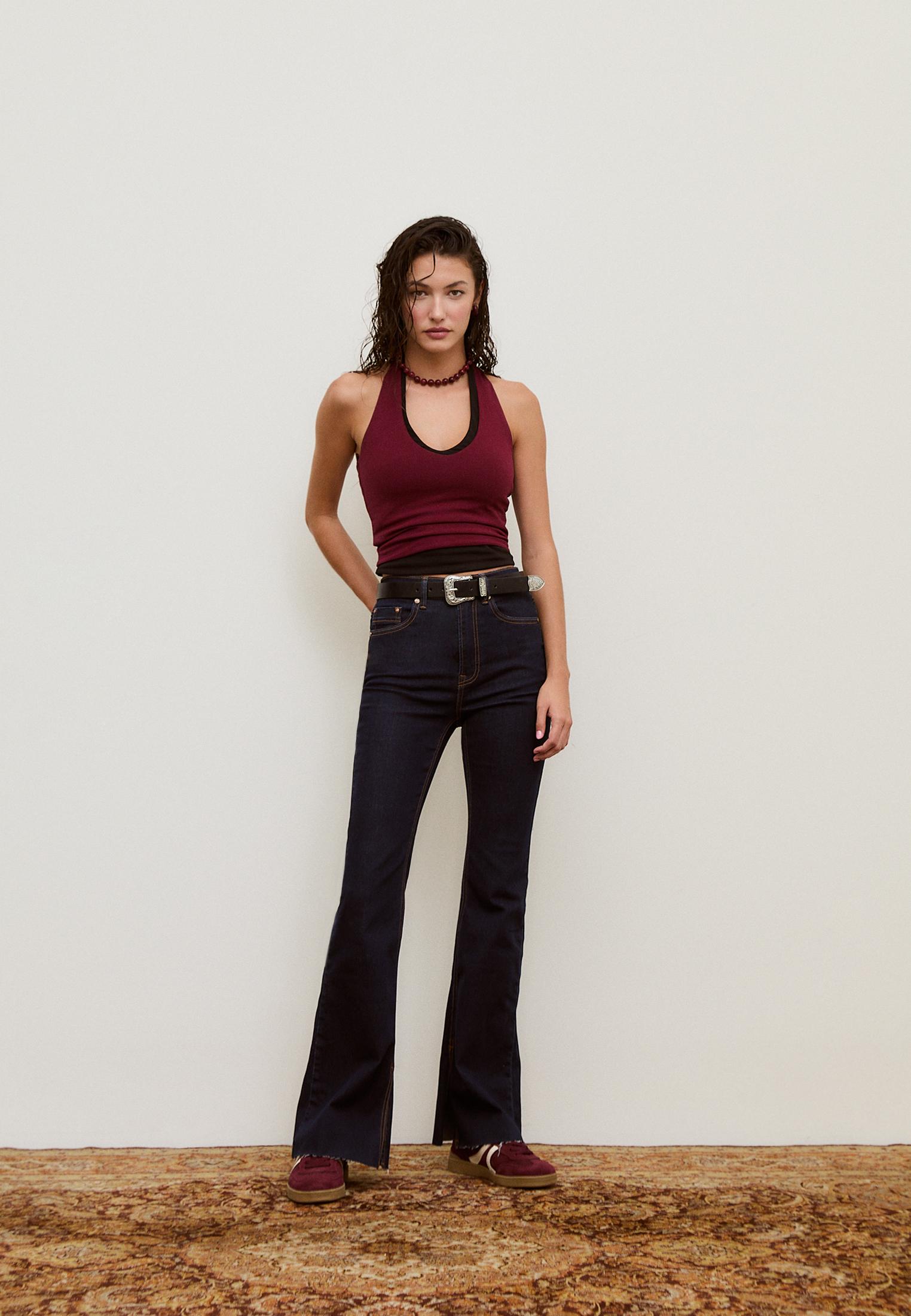 D74 Bell bottom jeans with split — RINSE BLUE DENIM