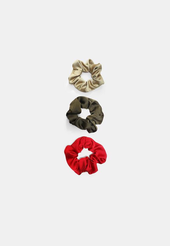 Stradivarius Set Of 3 Satin Scrunchies Olive Green Os
