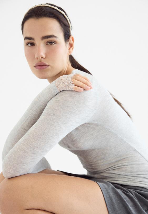 Stradivarius Langarmshirt Aus Kaschmir Mit V-Ausschnitt Grau Melange M