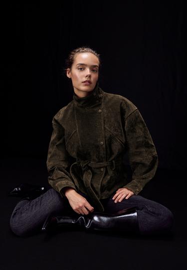 100% leather high neck trench coat with belt — Green 6