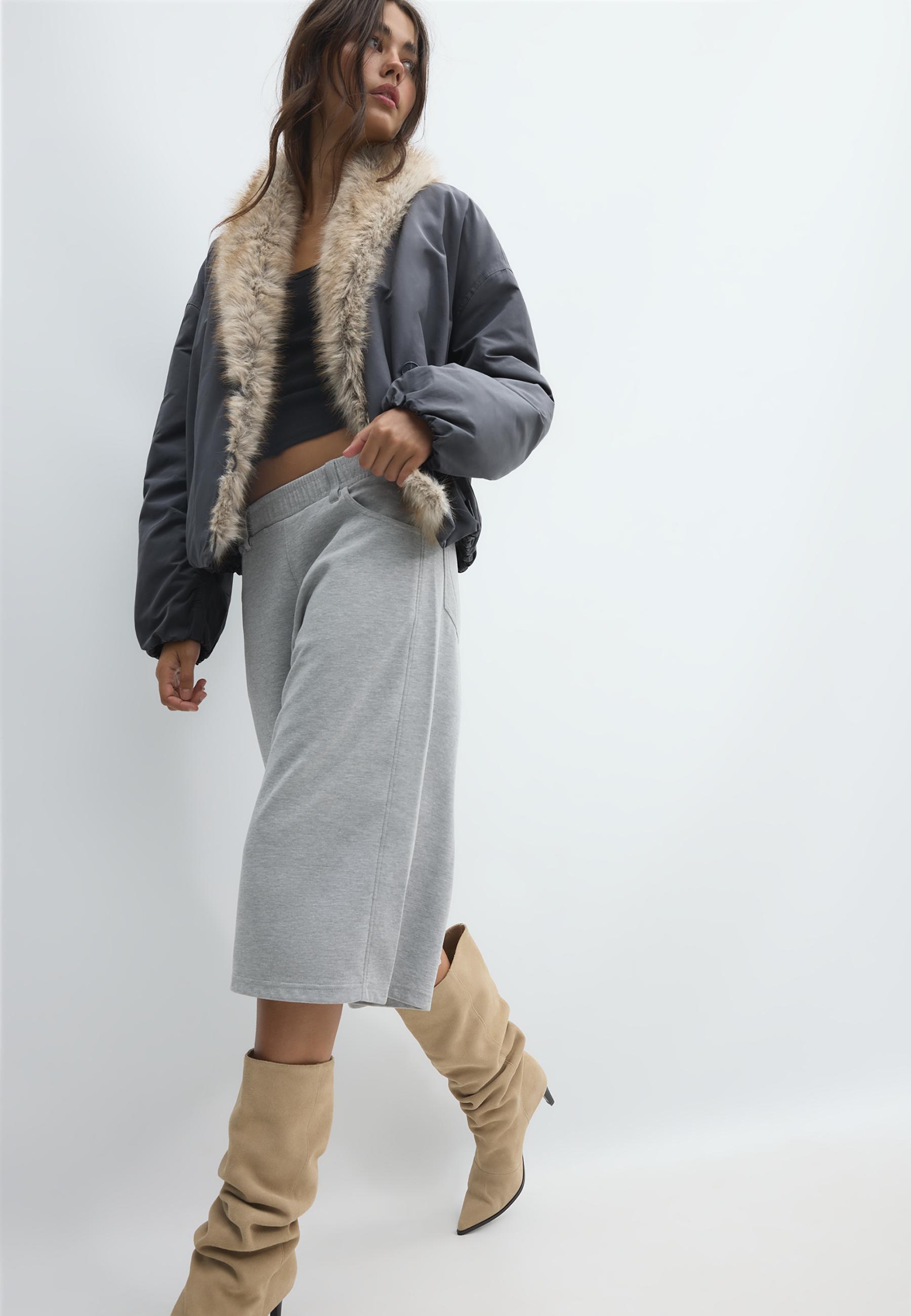 Puffer jacket with faux fur shawl collar — Dark grey
